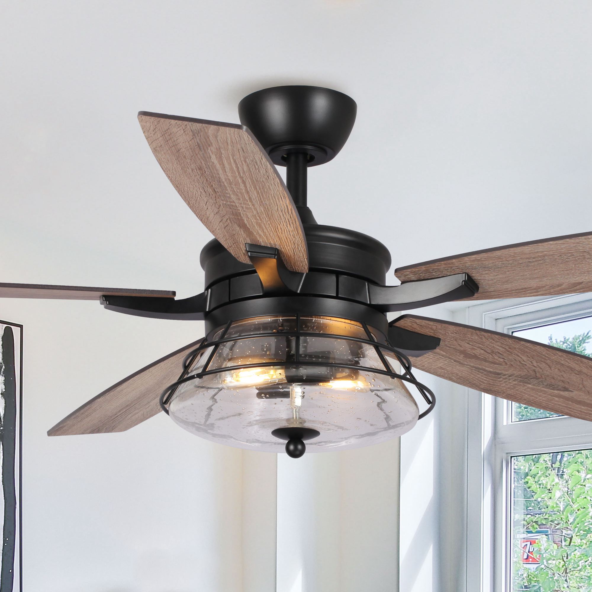Parrot Uncle F6311110V 52-in Matte Black with Brown Blades Ceiling Fan Light Kit Compatible - Remote Included ( 5 -Blade )
