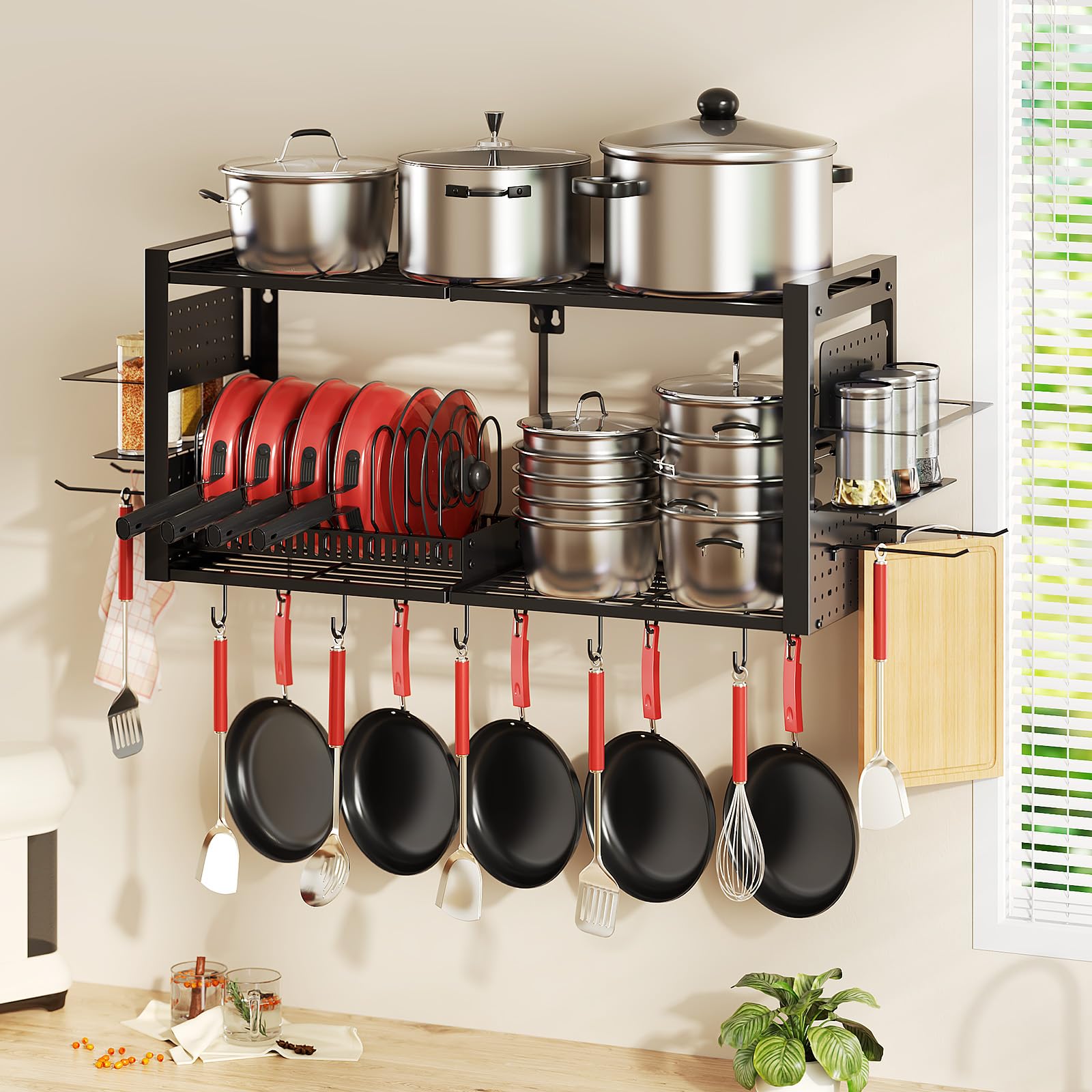 Misopily 41 Inch Wall Mounted Pot Rack 3 in 1 Organizer with 2 Tier ...