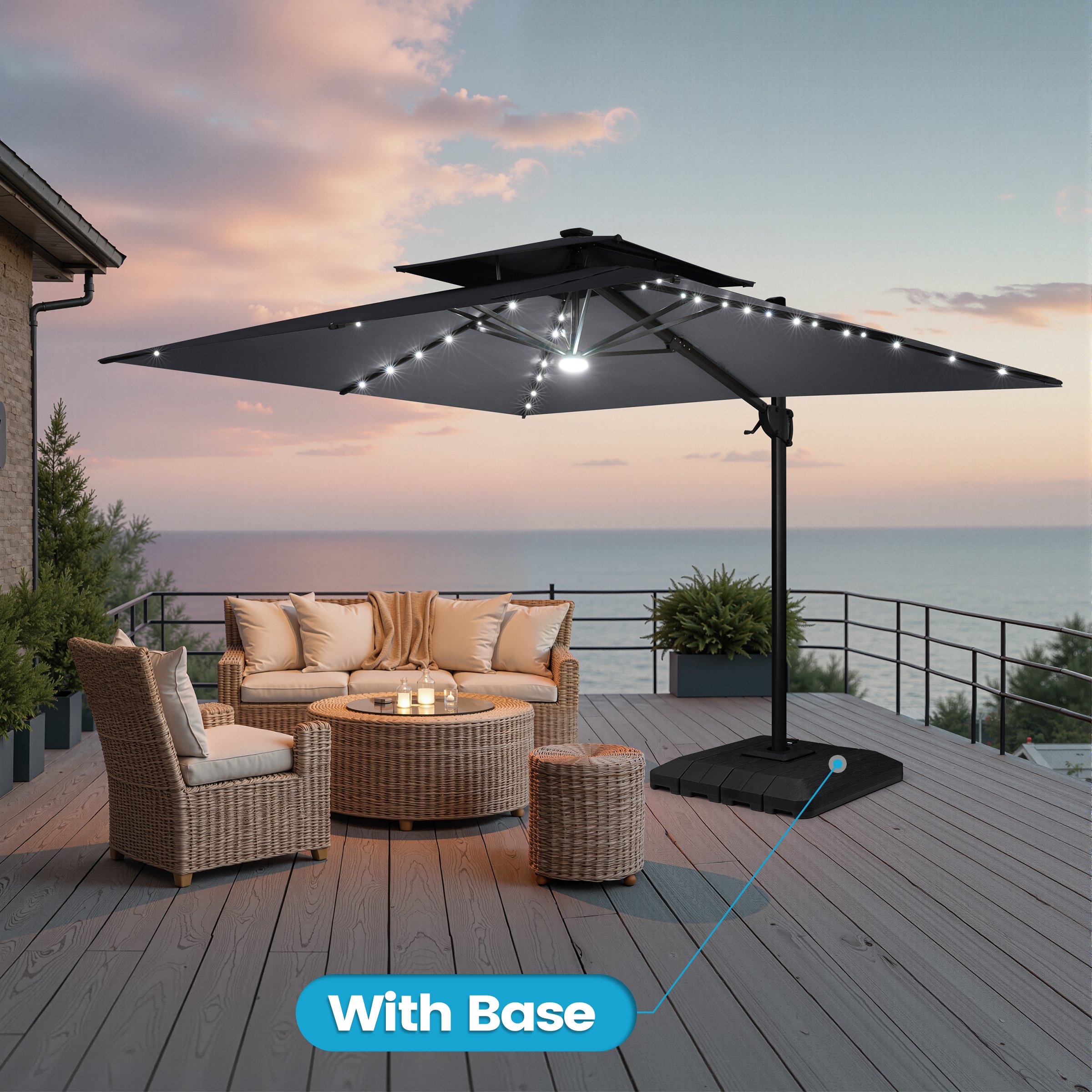 Crestlive Products CL-PU038DGY-UB008BLK 11-ft Aluminum Gray Crank Cantilever Patio Umbrella with Lights with Base