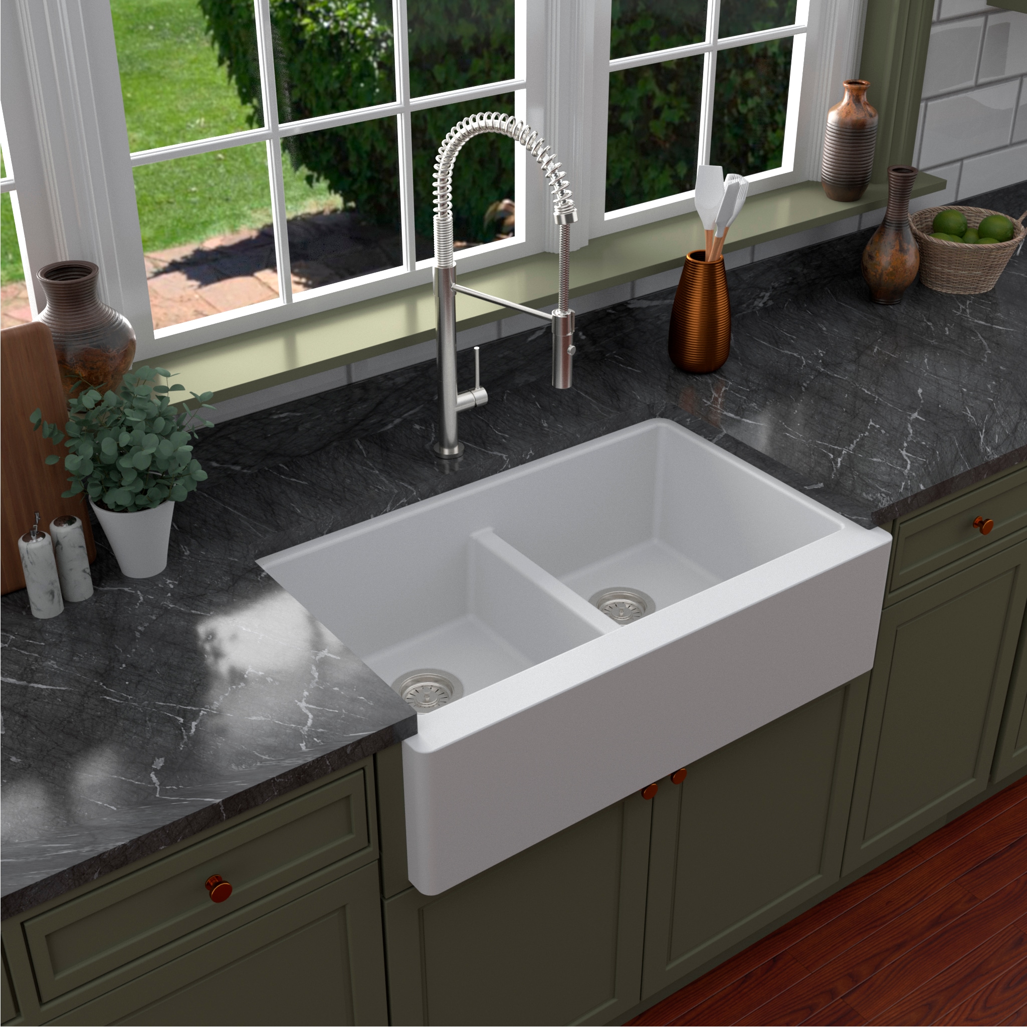 Karran Farmhouse Apron Front 34 In X 2125 In White Quartz Double Equal Bowl Kitchen Sink Qa 750 9330