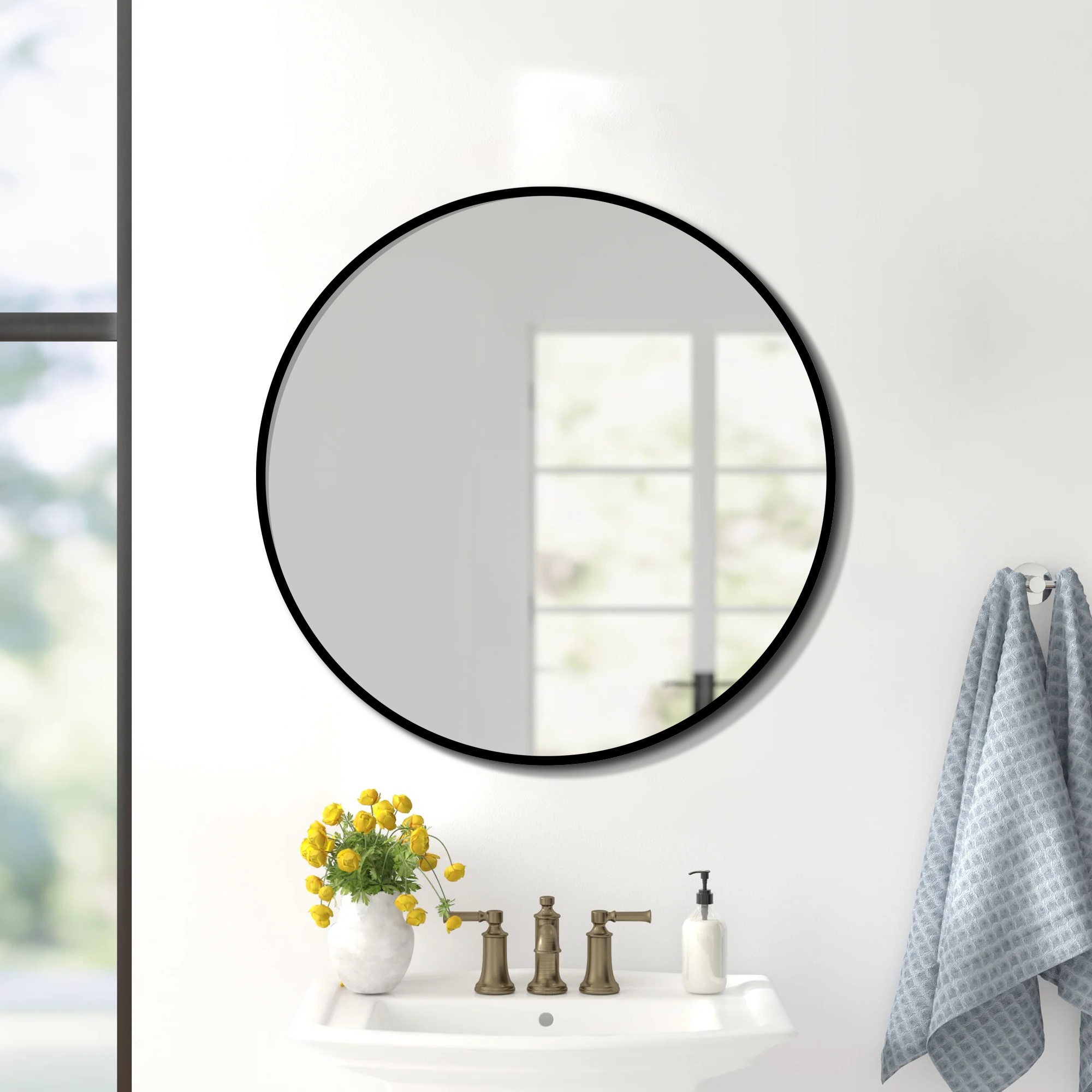 Forclover TAK-FMR24 24-in x 24-in Framed Round Bathroom Vanity Mirror ( Black )