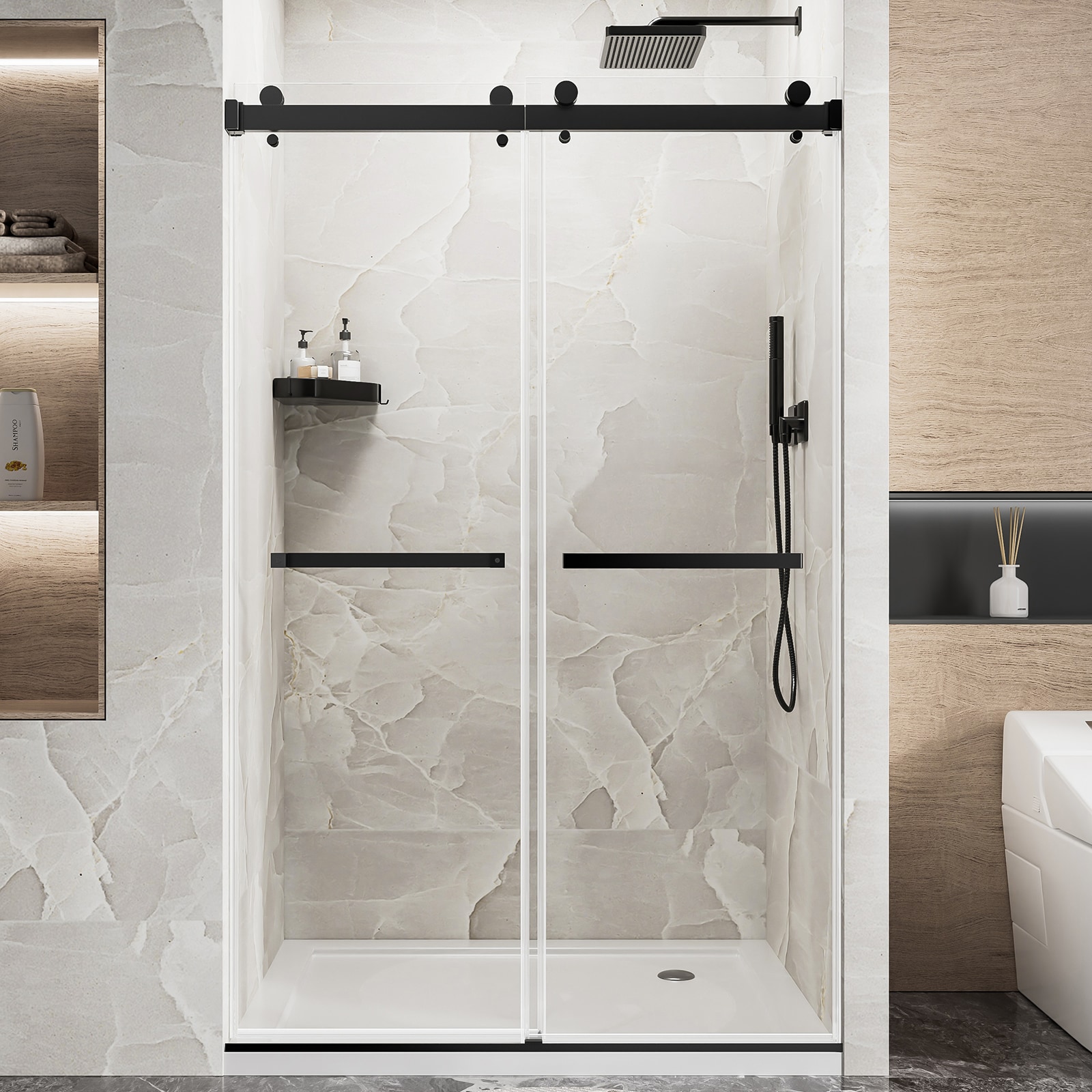 TcwVwc  Matte Black 44 in to 48 in W x 76 in H Frameless 1/4 in Clear Tempered Glass with Safety Film Soft Close Bypass Shower Door