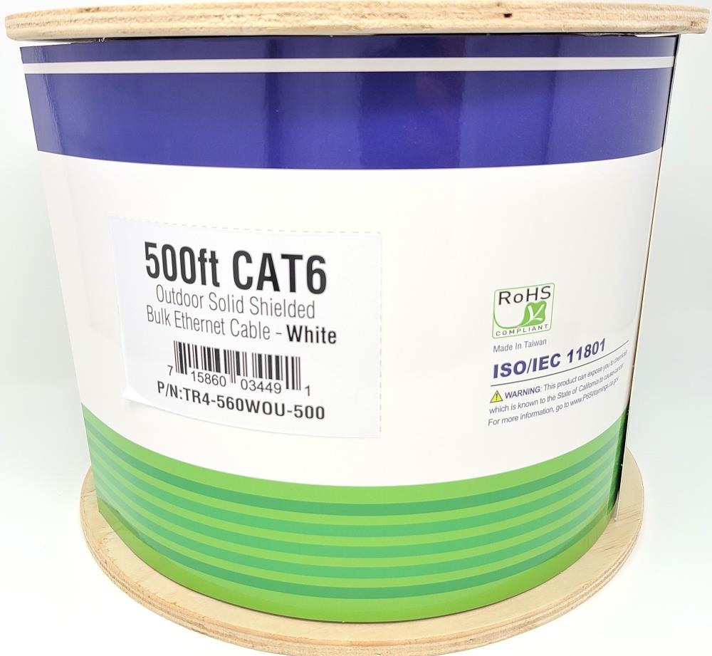 Micro Connectors 500 Feet Solid Shielded (STP) Cat6 Outdoor, UV Resistant Bulk Ethernet (23AWG) Cable -White (TR4-560WOU-500)