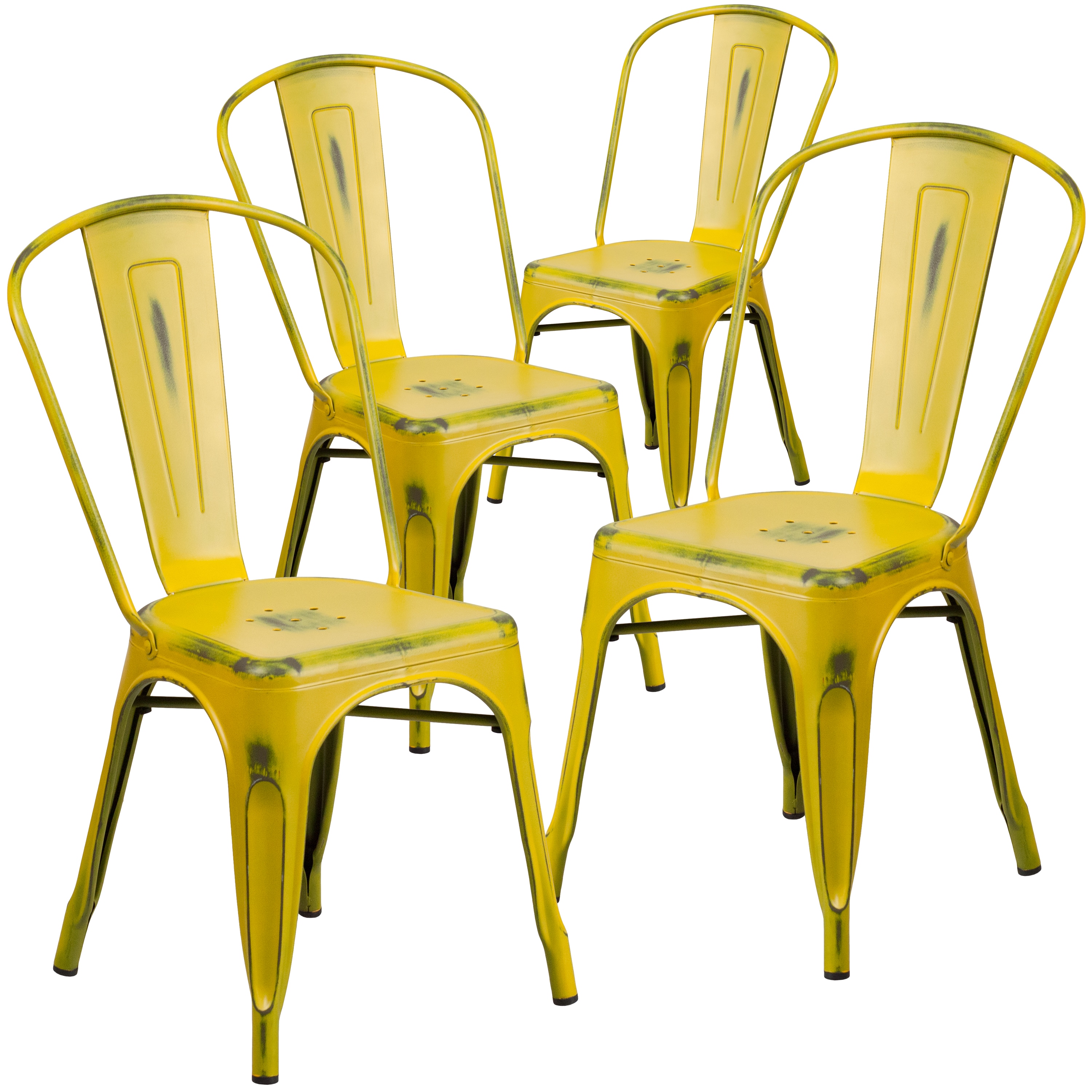 Blake Commercial Grade 4 Pack Distressed Yellow Metal Indoor-Outdoor Stackable Chair