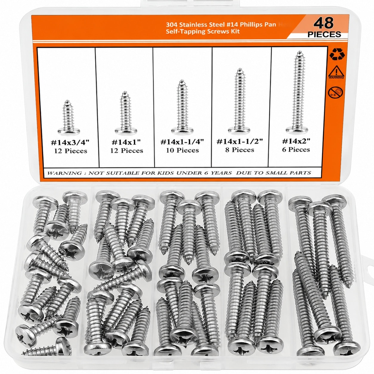 KHKFY  14 x three quarter in one in one one quarter in one one half in and two inch Wood Screws Set 48 Pieces Phillips Pan Head Self Tapping