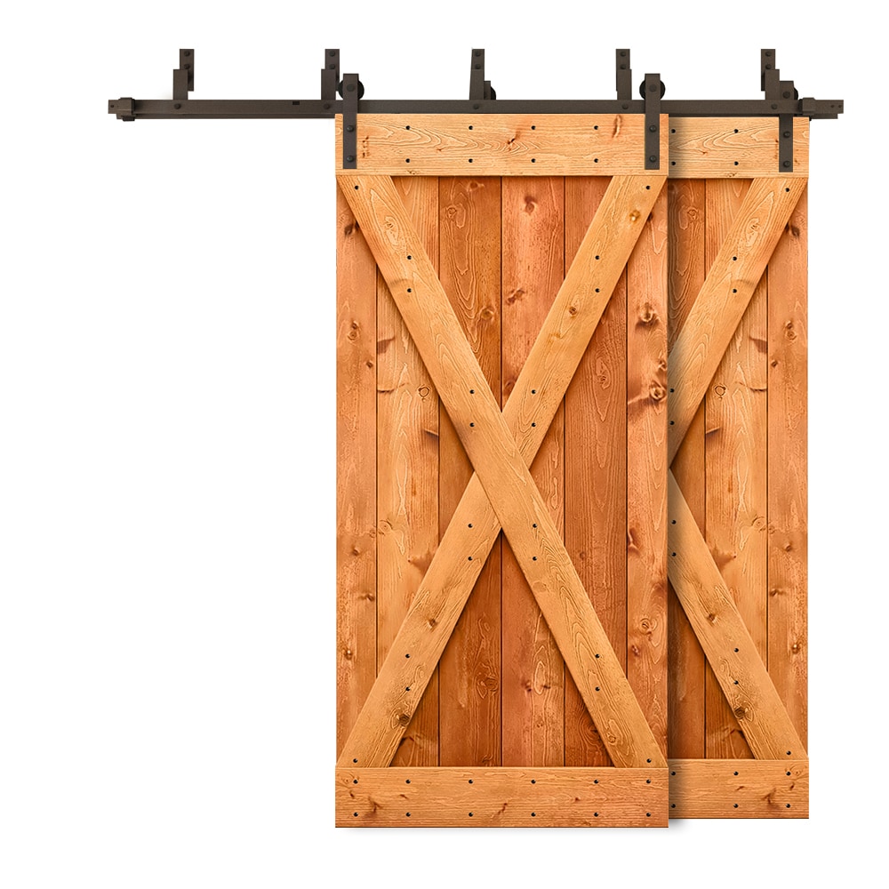CALHOME 5XBP+S79+(2)X36R 72-in x 84-in Red Walnut Stained X-frame Knotty pine Wood Solid core Double Bypass Barn Door (Hardware Included)