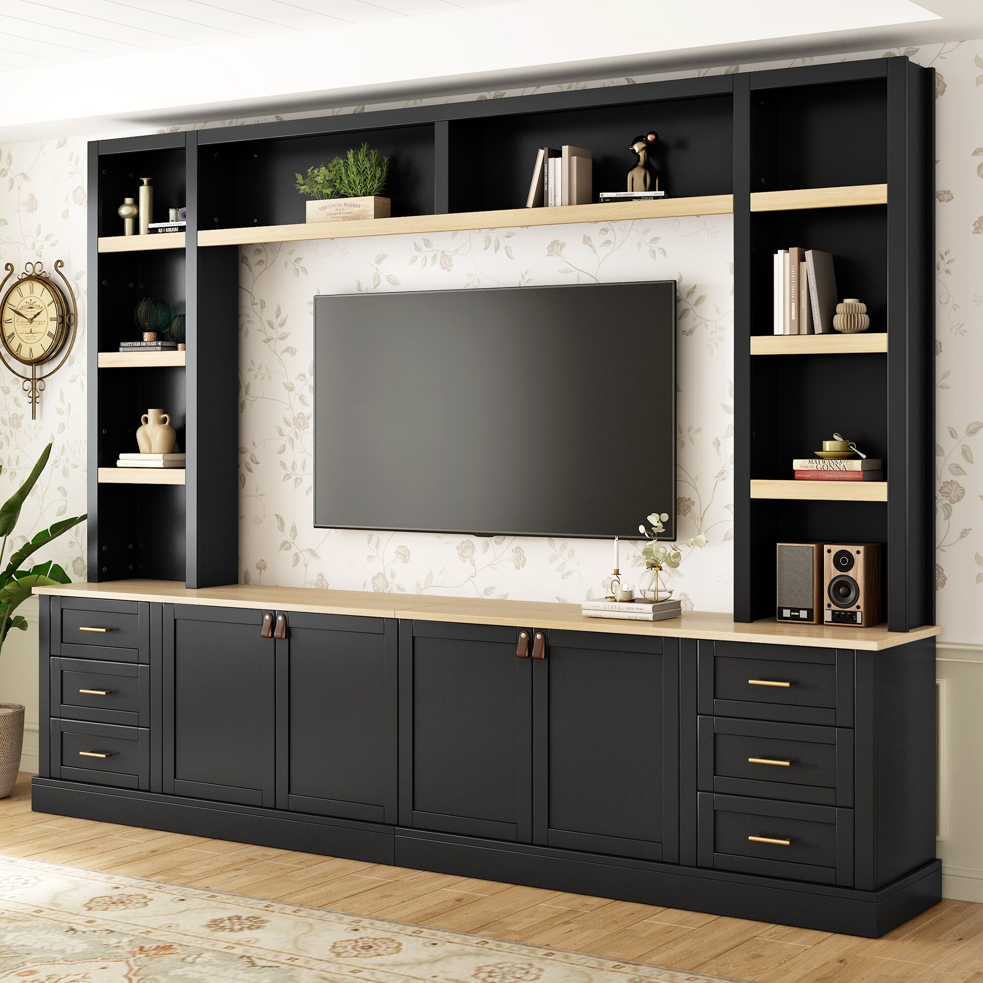 ModernLuxe L3P-N721S000051B 102.3inchW Farmhouse 4Piece Entertainment Center Wall Unit with Adjustable Shelves Modern Large TV Stand with Bookshelves for TVs Up to 75inch Rustic Media Console with 6 Drawers for Living Room Black