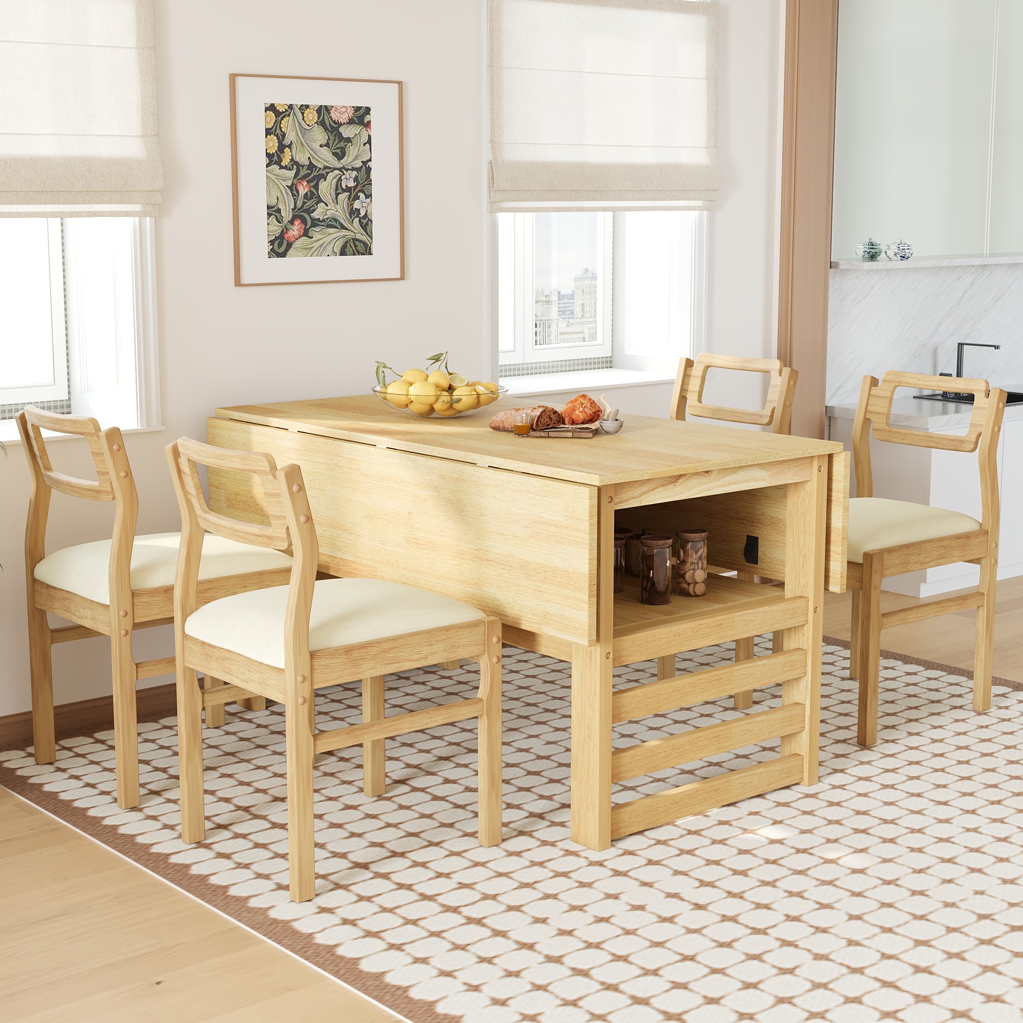 ModernLuxe SP000080AAA Modern 5 Piece 47.2 inch E tendable Wood Square Dining Table Set with Two 11.8 inch Drop LeavesTable Set with Upholstered Chairs for 4Natural