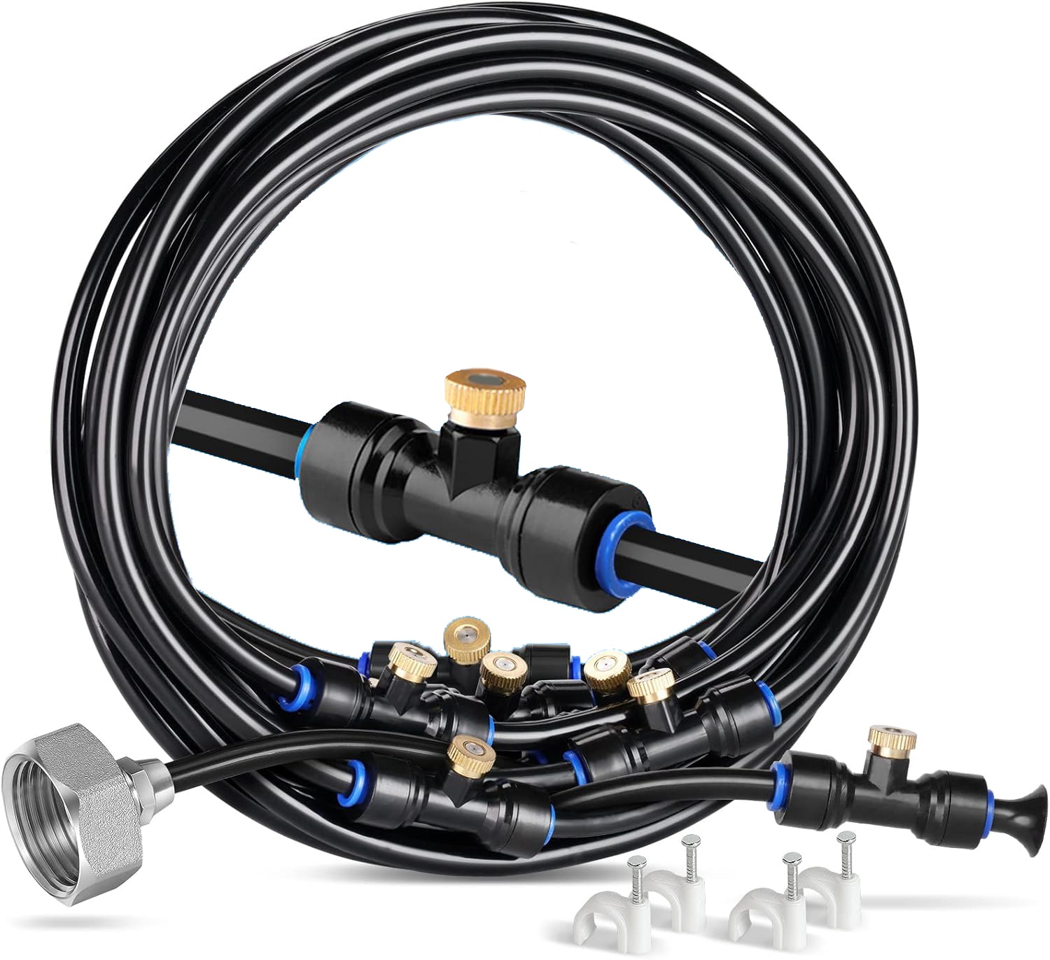 Etokfoks  26 ft Outdoor Patio Misting System with 7 Brass Nozzles and 3 4 in Hose Faucet Adapter for Cooling Gardens and Outdoor Areas