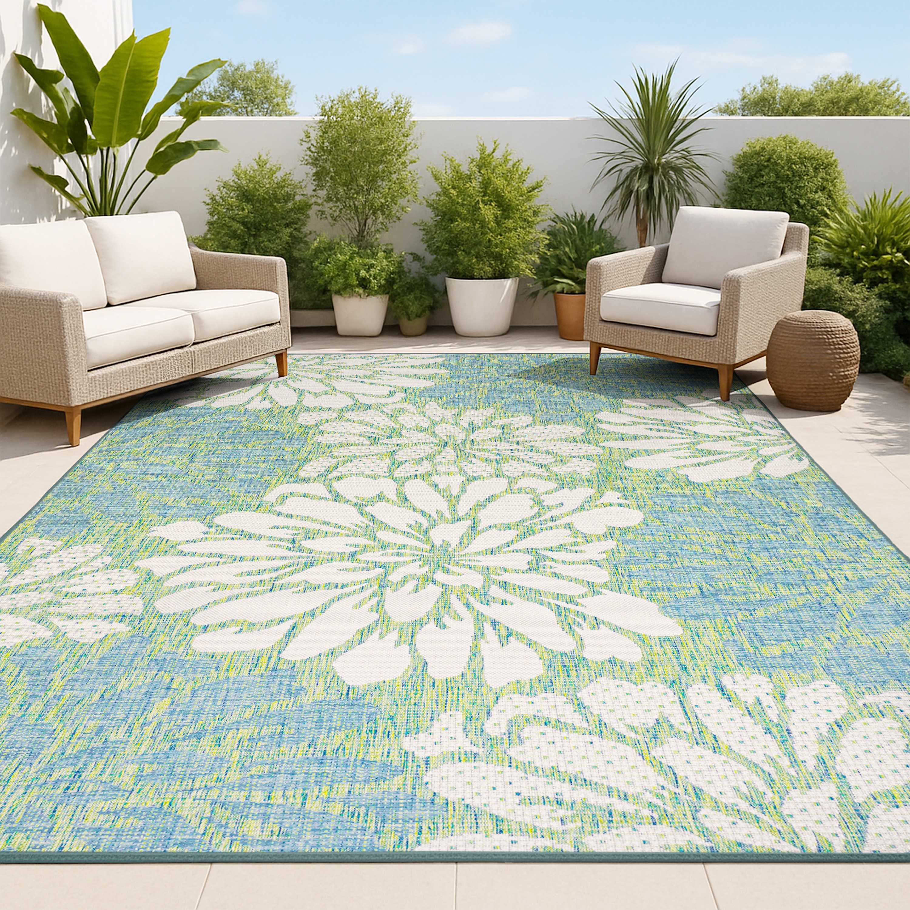 JONATHAN  Y SMB110D-8 Santa Monica Zinnia Textured Weave Floral 8 x 10 (ft) Loomed Polypropylene Cream/Green Rectangular Indoor/Outdoor Floral/Botanical Bohemian/Eclectic Area rug