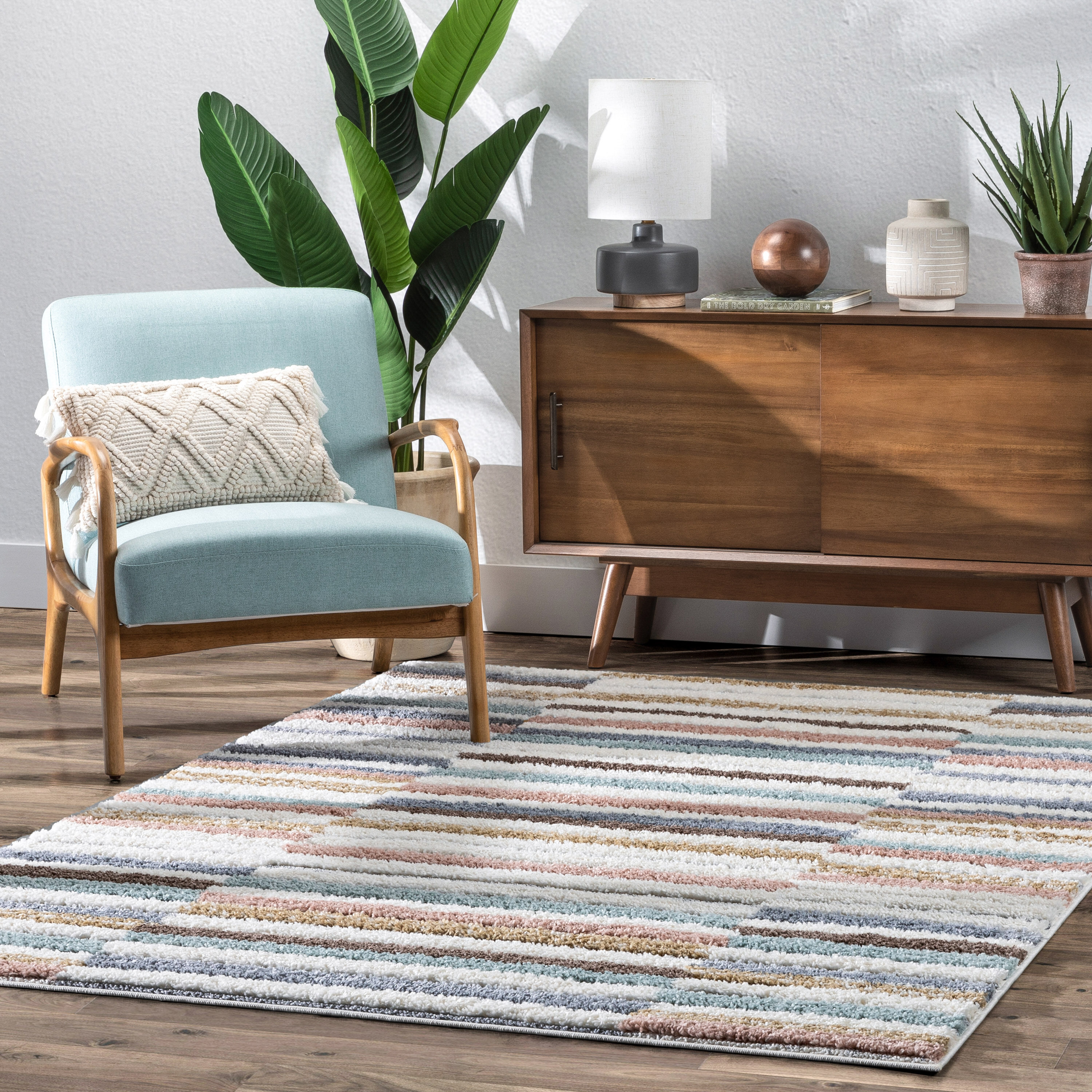 Light Blue Striped Reversible Shag Synthetic Rug 47" x 63"