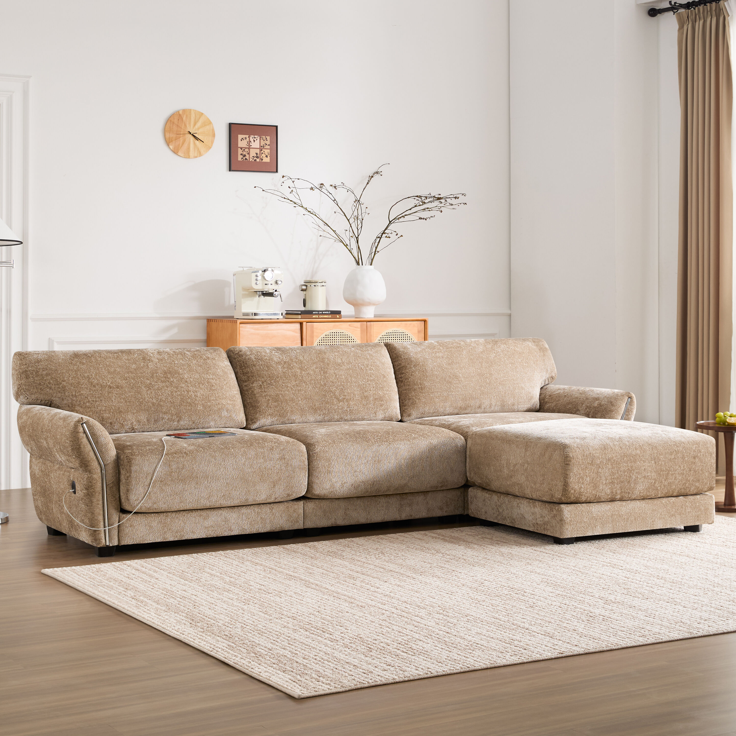 ModernLuxe N723S7038D Modular Sectional Sofa LShape with ExtraWide Seat Cushion USB and TypeC Charger Petal Armrest Design High Density Foam Free Movement Ottoman Wood Frame Chenille 4 Seat 3 Colors