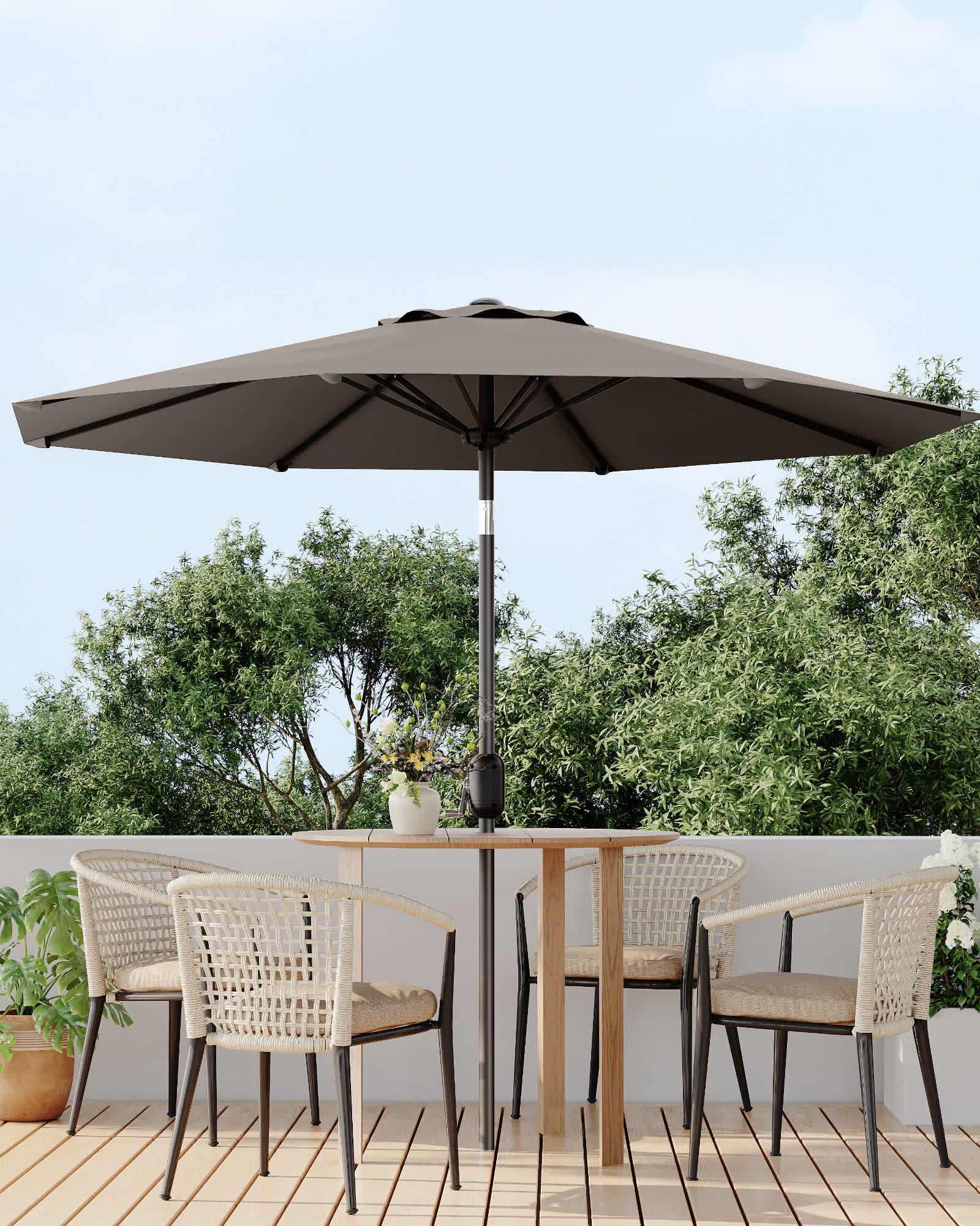 Qeetex SQY-PPG-333JT8DH 9Ft UV Resistant Patio Umbrella 8 Sturdy Ribs Table Umbrella with Easy Push Button Tilt Large Umbrella for Pool Yard and Garden Taupe