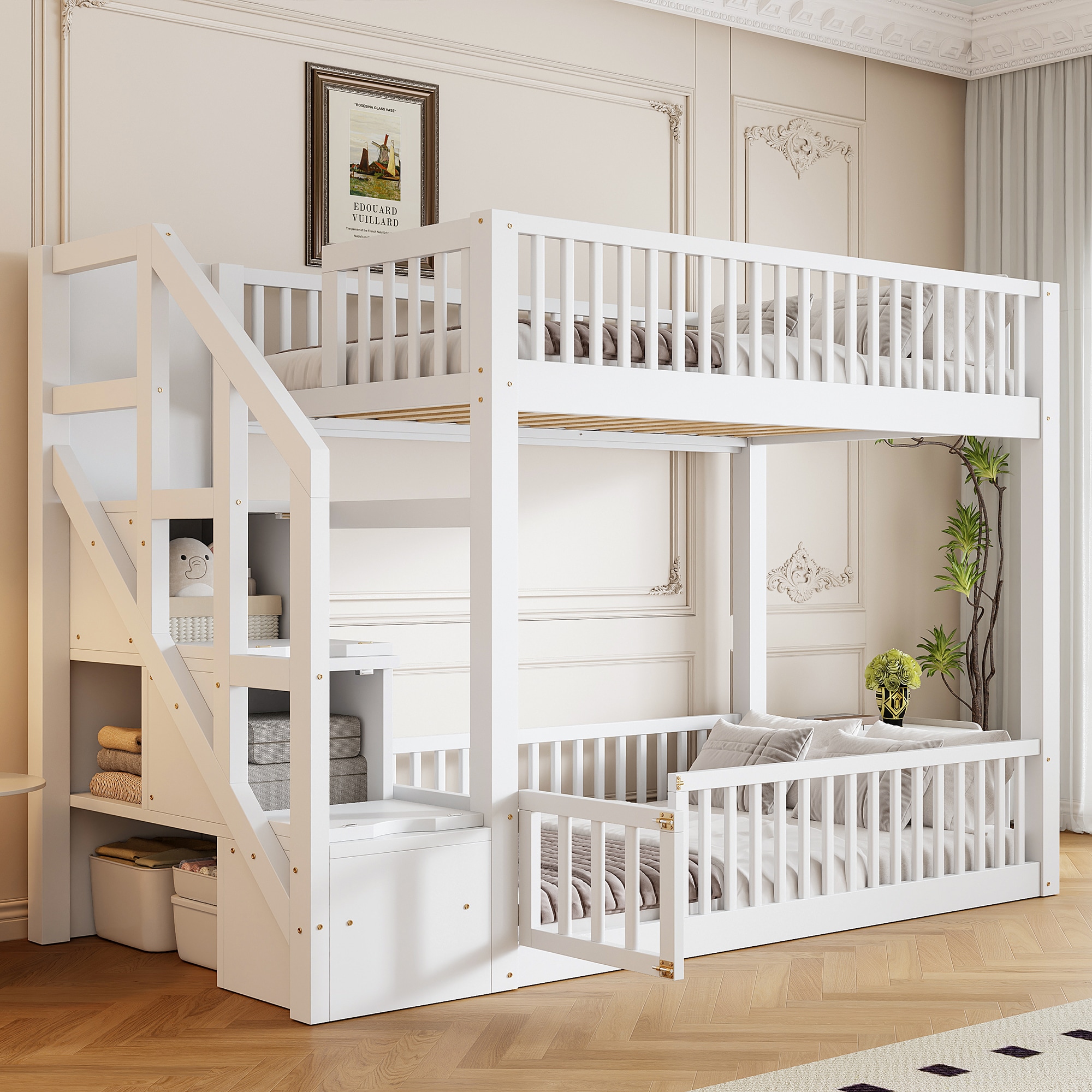 ModernLuxe L3P-N7090002240K Twin over Twin Floor Bunk Bed Ladder with Storage WhiteETA:10.28