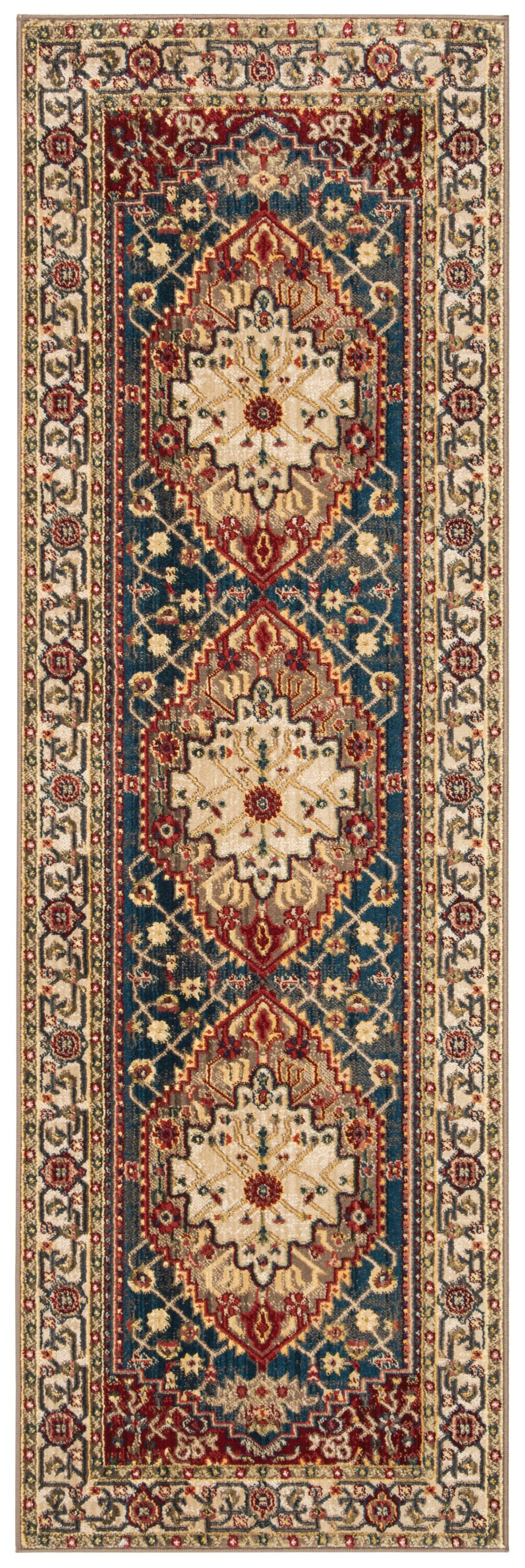 Reversible Blue Floral Easy Care Synthetic Runner Rug