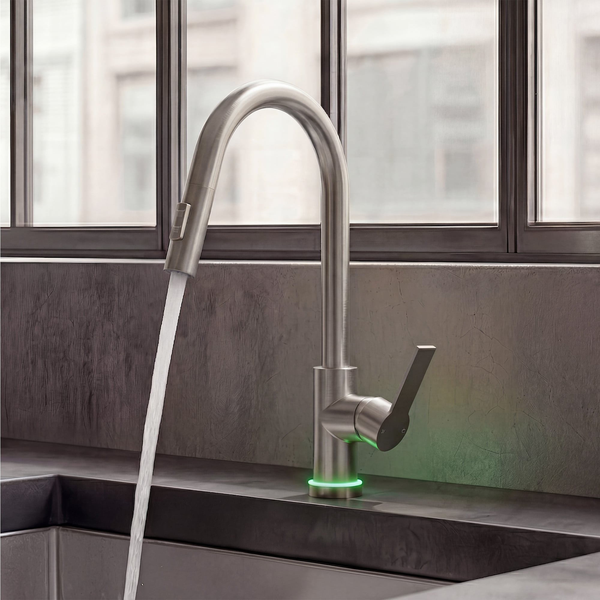 GRANDJOY  Brushed Nickel LED Kitchen Sink Faucet with Pull Down Sprayer Modern High Arc Design