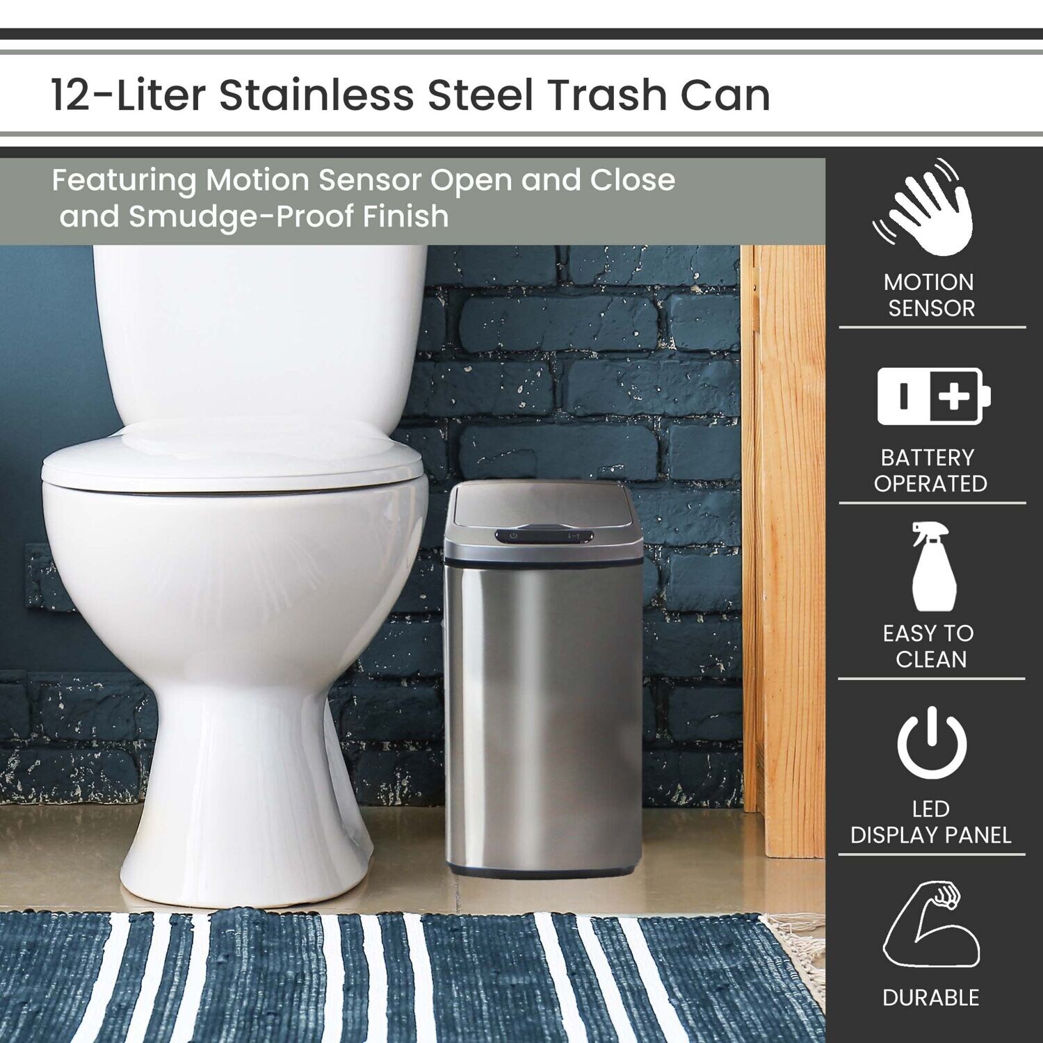  Touchless Bathroom Trash Can with Lid, 3.2 Gallons