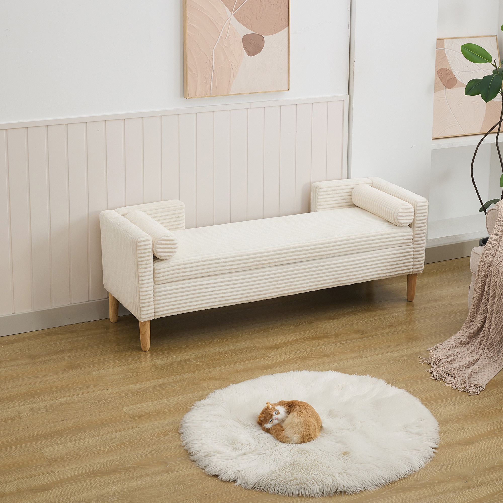 Aortzio HM-S4085-IVORY Modern ivory Storage Bench with Storage 65.4-in x 21-in x 23-in