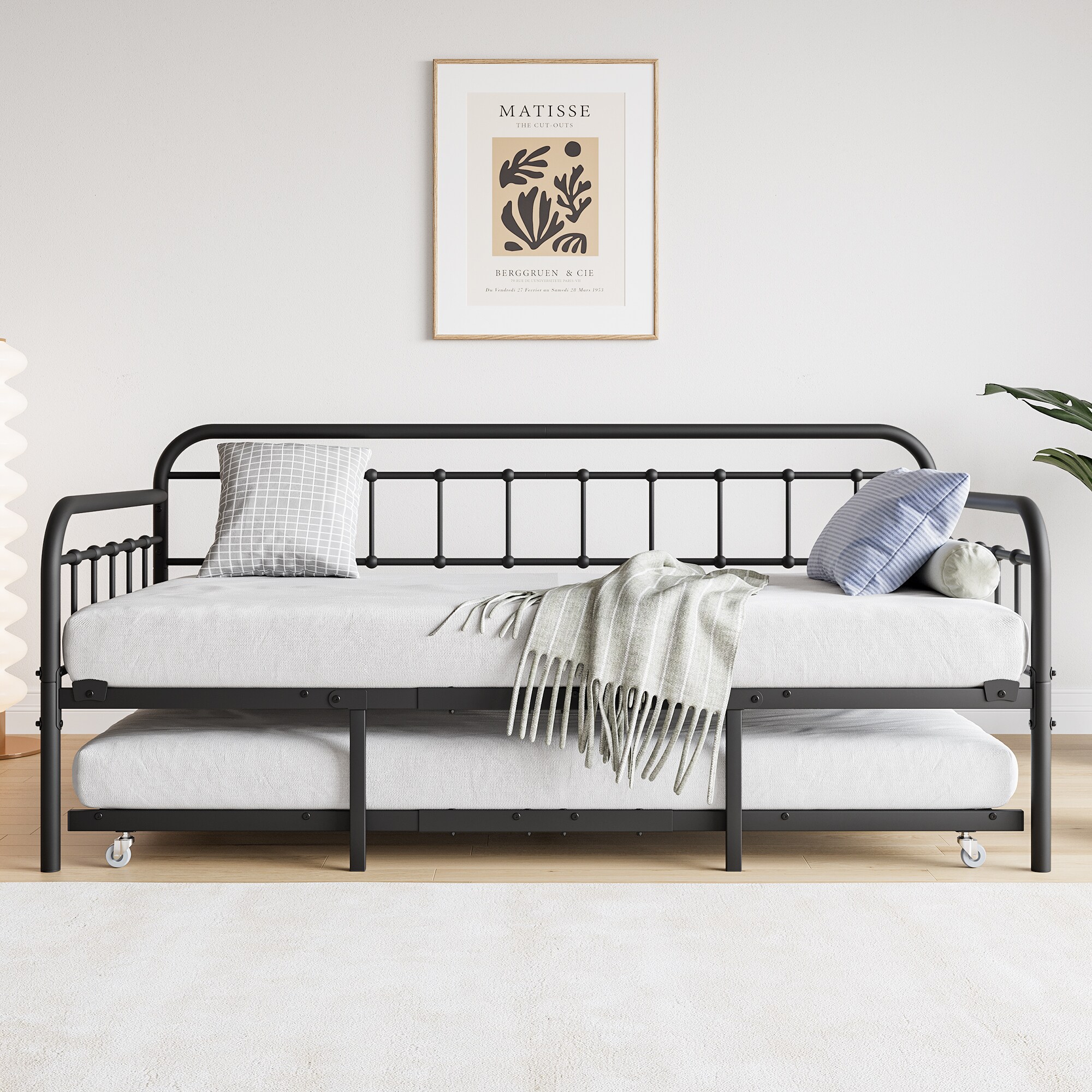LOVMOR SF-M-W840103518 Twin Size Metal Daybed Frame with Trundle Heavy Duty Steel Slat Support Sofa Bed Platform with Headboard No Box Spring Needed Black