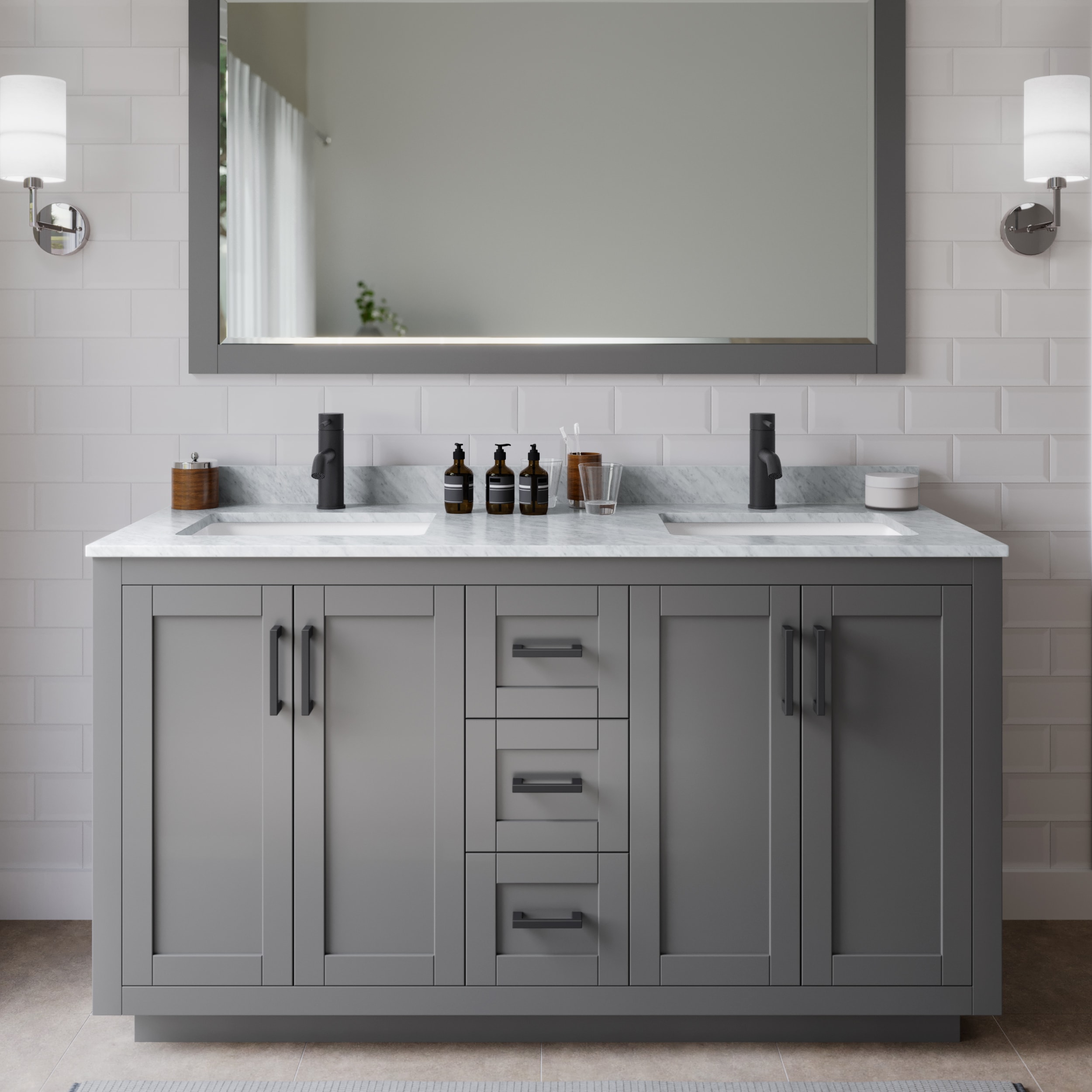 Wyndham Collection WCF292960DGBCMUNSMXX Miranda 60-in Dark Gray with Matte Black Trim Undermount Double sink Bathroom Vanity with White Carrara Marble Marble Top