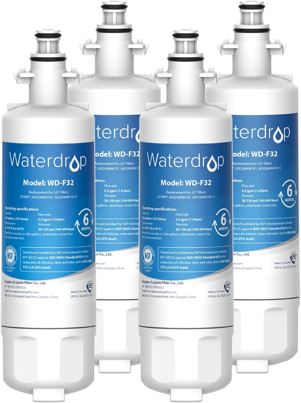 Waterdrop B-WD-LT700P-4 Refrigerator Water Filter Whole House 6-Months Replacement Filter 4 -Pack