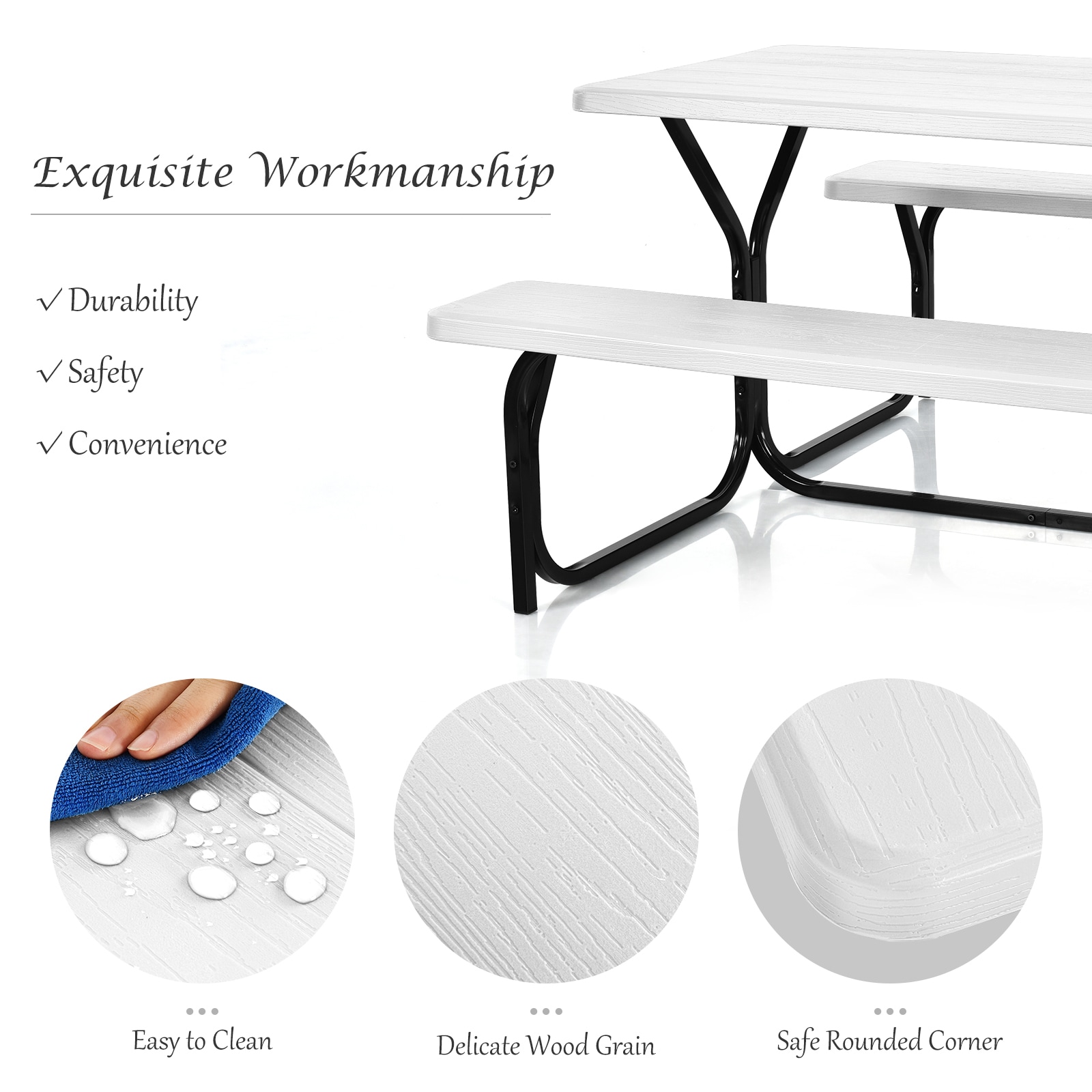 White Steel Frame Outdoor Picnic Table Bench Set