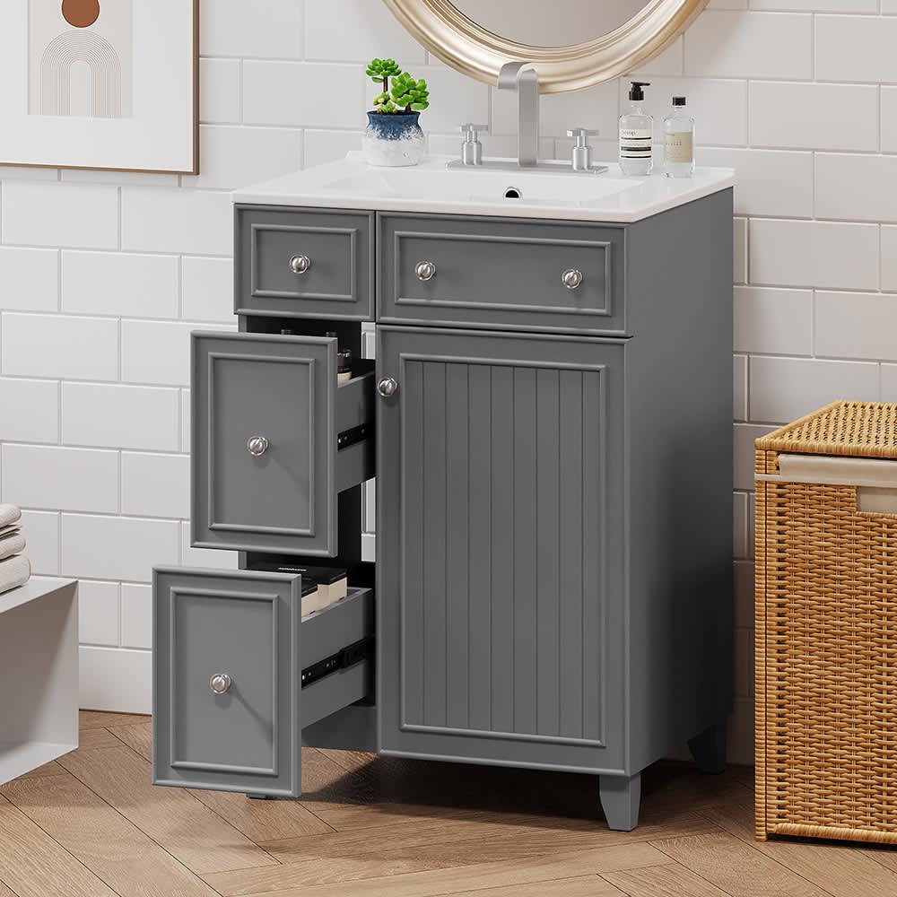 JUJABU BATHVANITY -8 Gray 24Inch Forest Green Bathroom Vanity Cabinet with Ceramic Sink