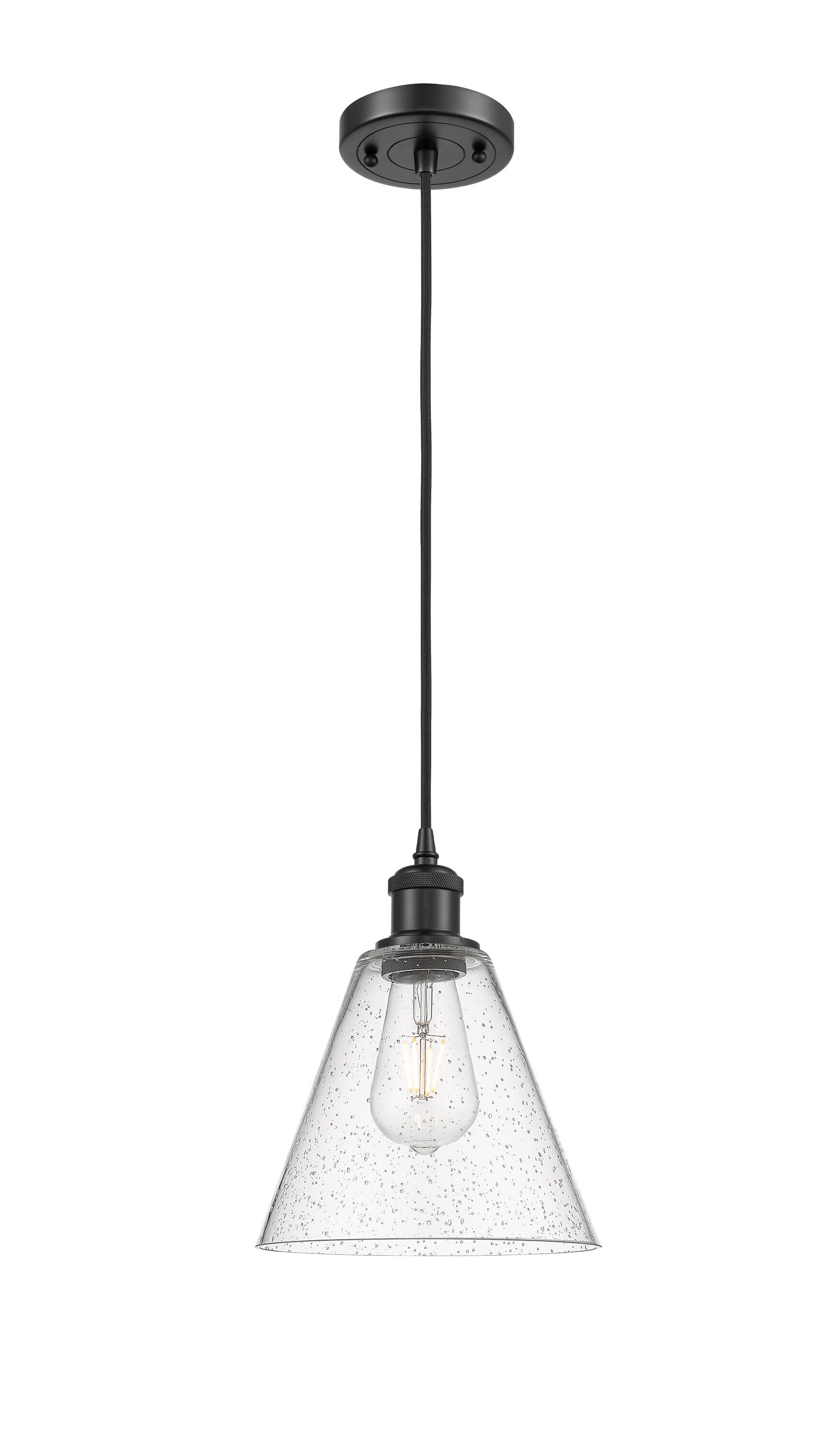 Innovations Lighting 516-1P-BK-GBC-84 Berkshire Matte Black Industrial Seeded glass Cone Medium Hanging Pendant light