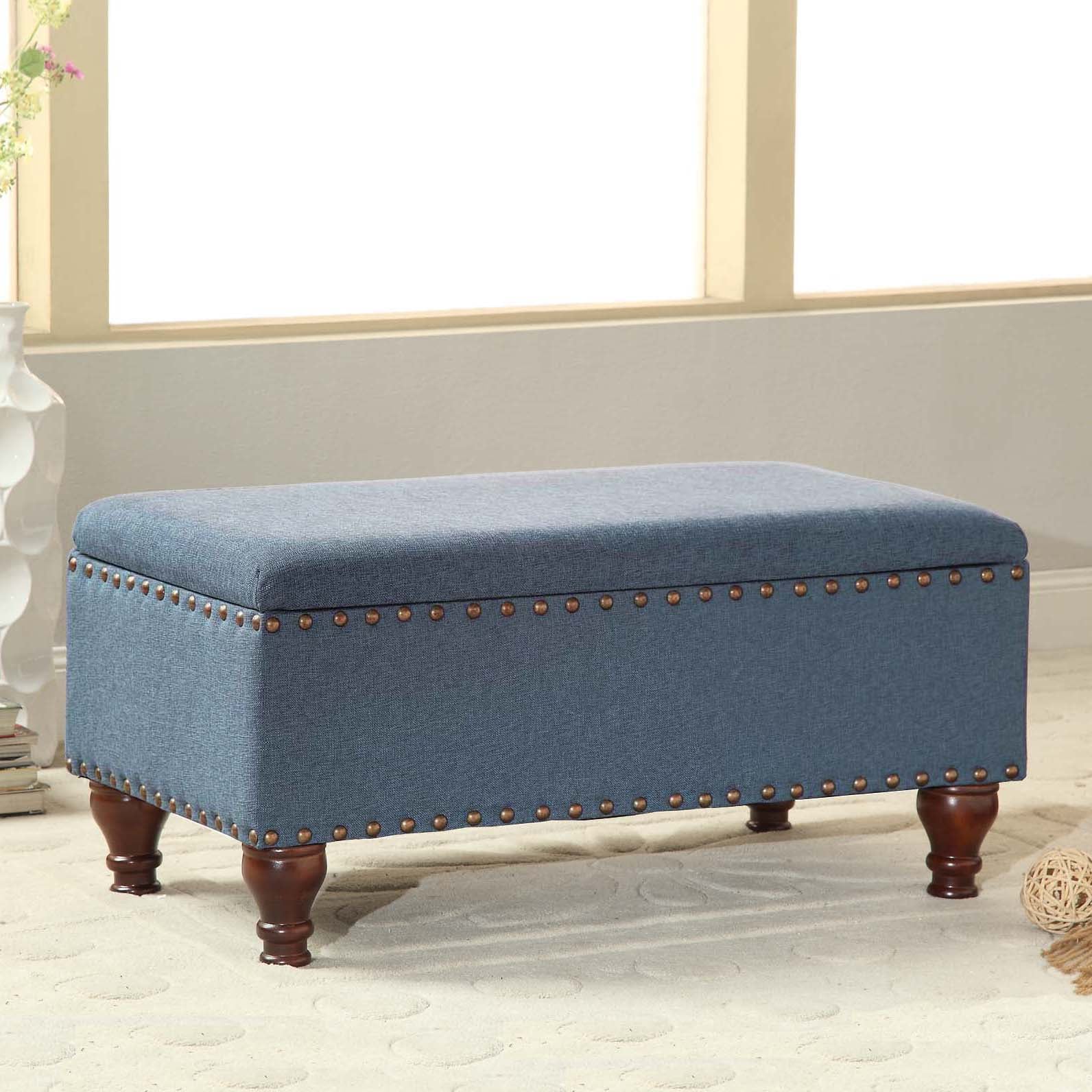 HomePop K5668NP-F1438 Casual Cerulean Blue with Nail Head Trim Storage Bench with Storage 35.5-in x 19.5-in x 16.75-in