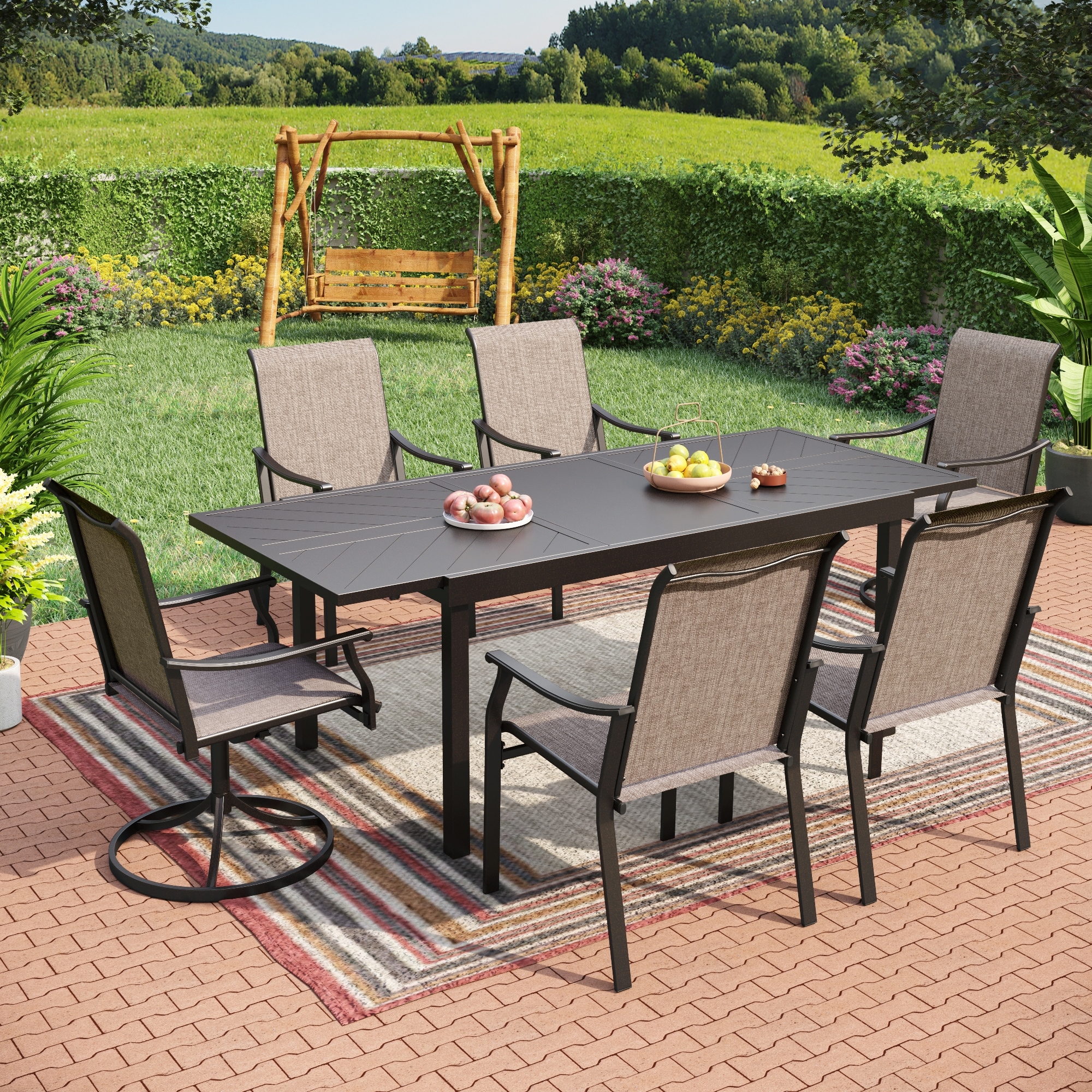 Sunshine Valley TC7-115-4 Outdoor Table and Chairs 7 -Piece Black Patio Dining Set Extendable Table Steel Rectangle Table with 6 Gray Stationary Chairs