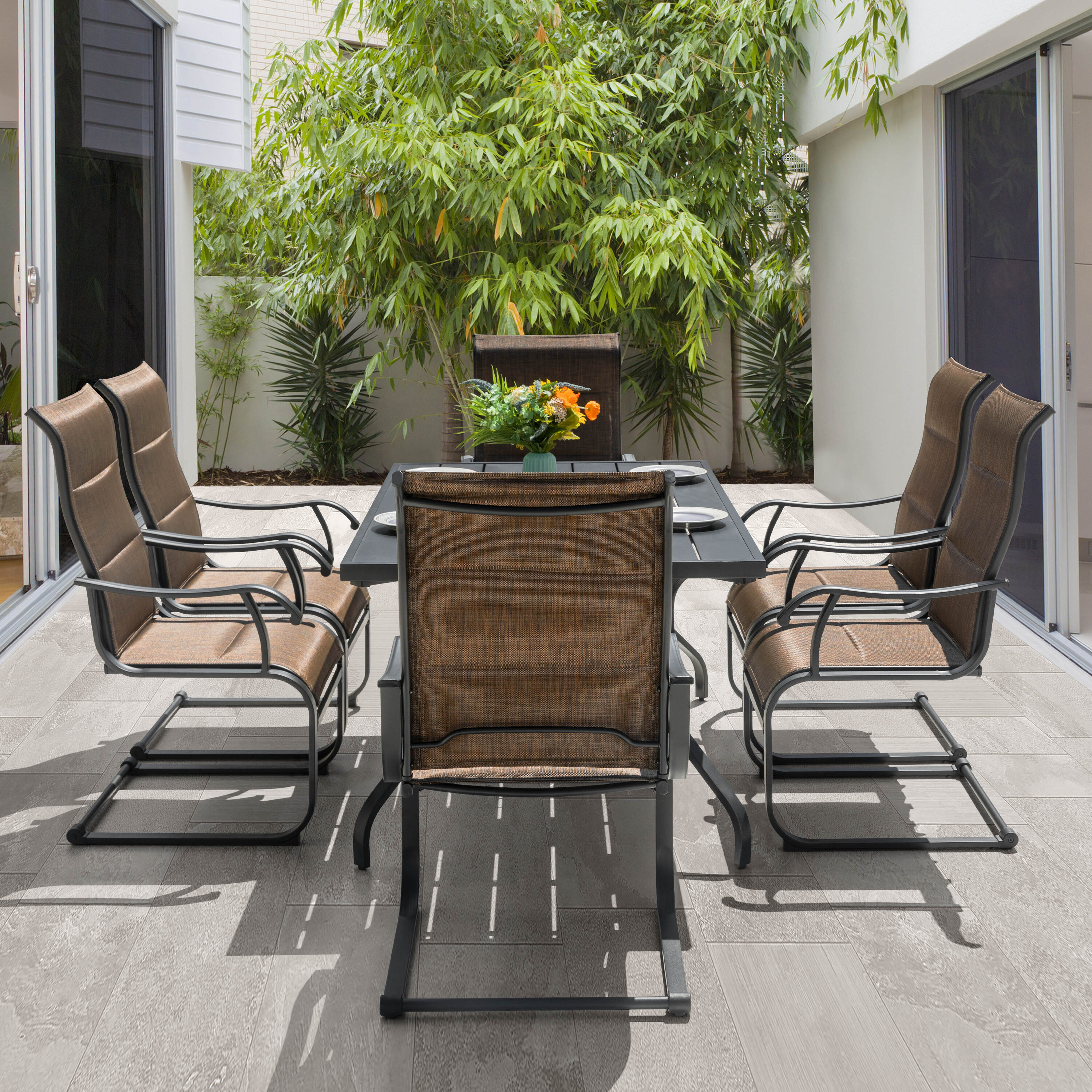 Nuu Garden SD006BN-T3BK Outdoor 5-Piece Dining Set 5-Piece Black Patio Dining Set Iron Table with 4 Brown C-spring Chairs