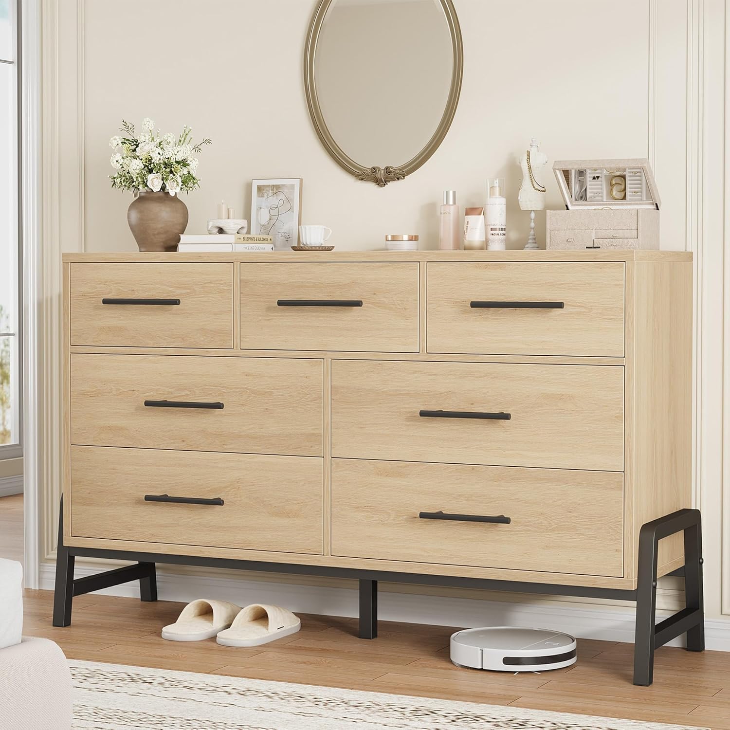 Qeetex D23PHO34V6WM8Q Polished Engineered Wood 7 Drawer Dresser with Chic Cabinet Legs Waterproof Desktop Natural Oak