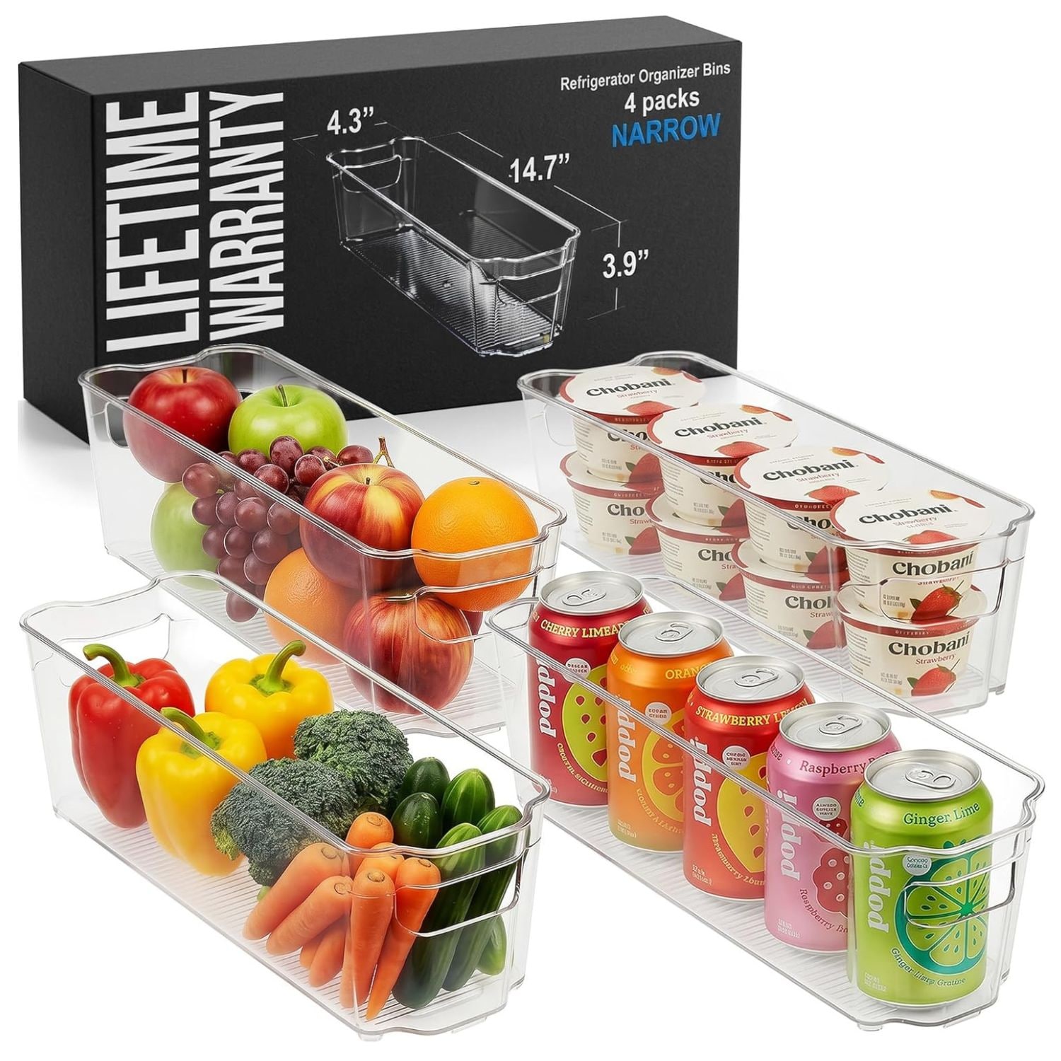 Zulay Kitchen 4 Pack Clear Refrigerator Organizer Bins Narrow Fridge and Pantry Storage Containers