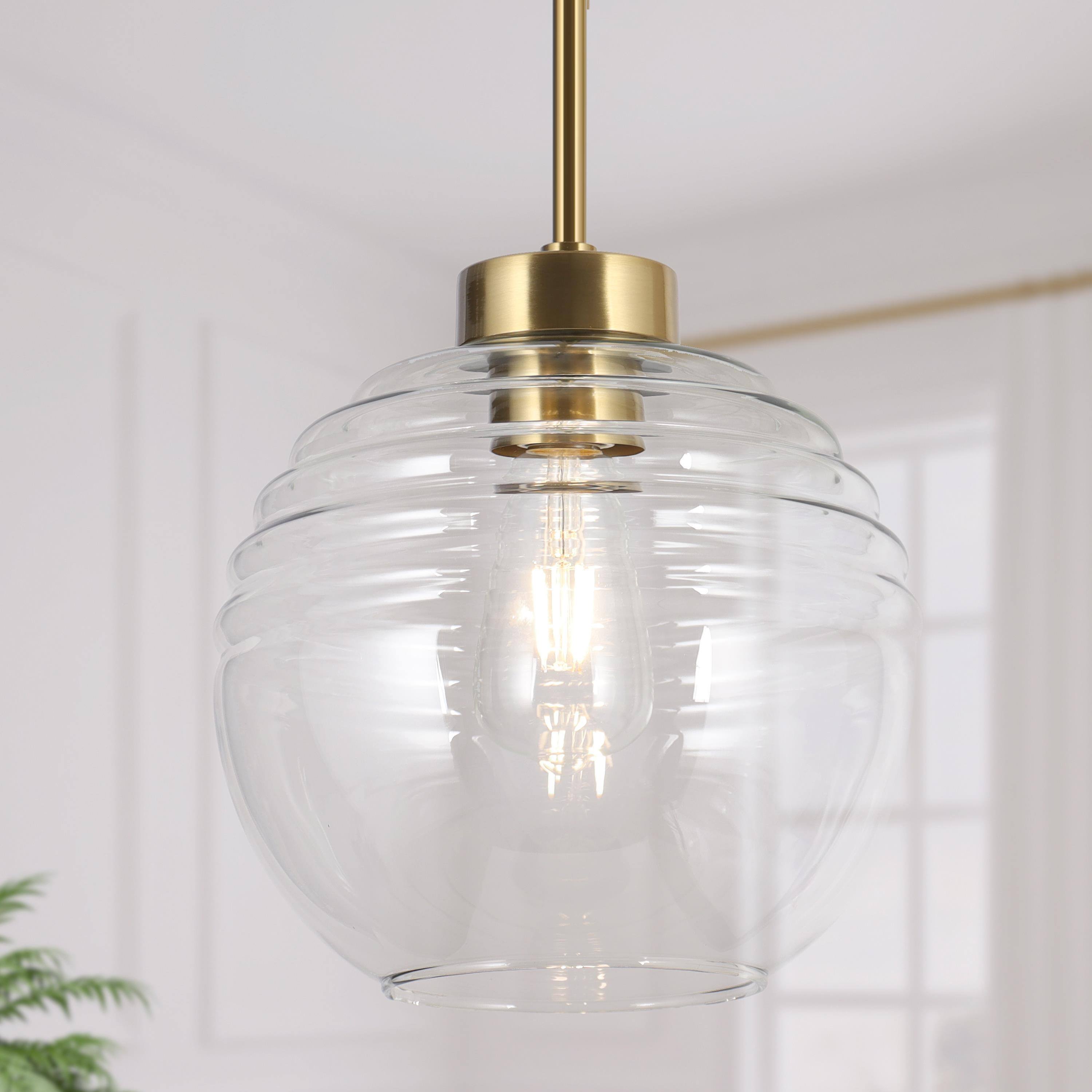Uolfin IEJBBA-LWS215P1-18 1 -Light Plating Brass and Globe Glass Shade Modern/contemporary Ribbed glass Globe Mini Hanging Pendant light