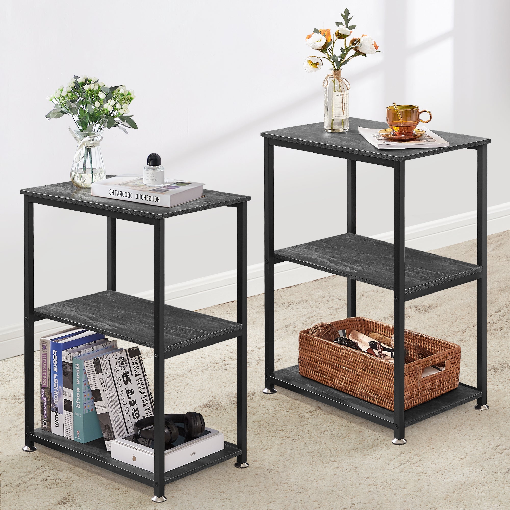 Vecelo LOE-XF-NT05-CGY-A2 Set of 2 Tall End Side Table 30in Height Nightstand with 3 Tier Storage Shelf for Living Room Bedroom Office Hallway Study