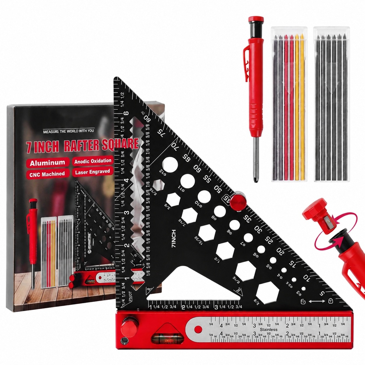 Linder Group Inc 8 in 1 Rafter Square Set with Carpenter Pencil Multi Purpose Woodworking Tool Includes Protractor Steel Ruler Marking Gauge T Bevel Gauge Bubble