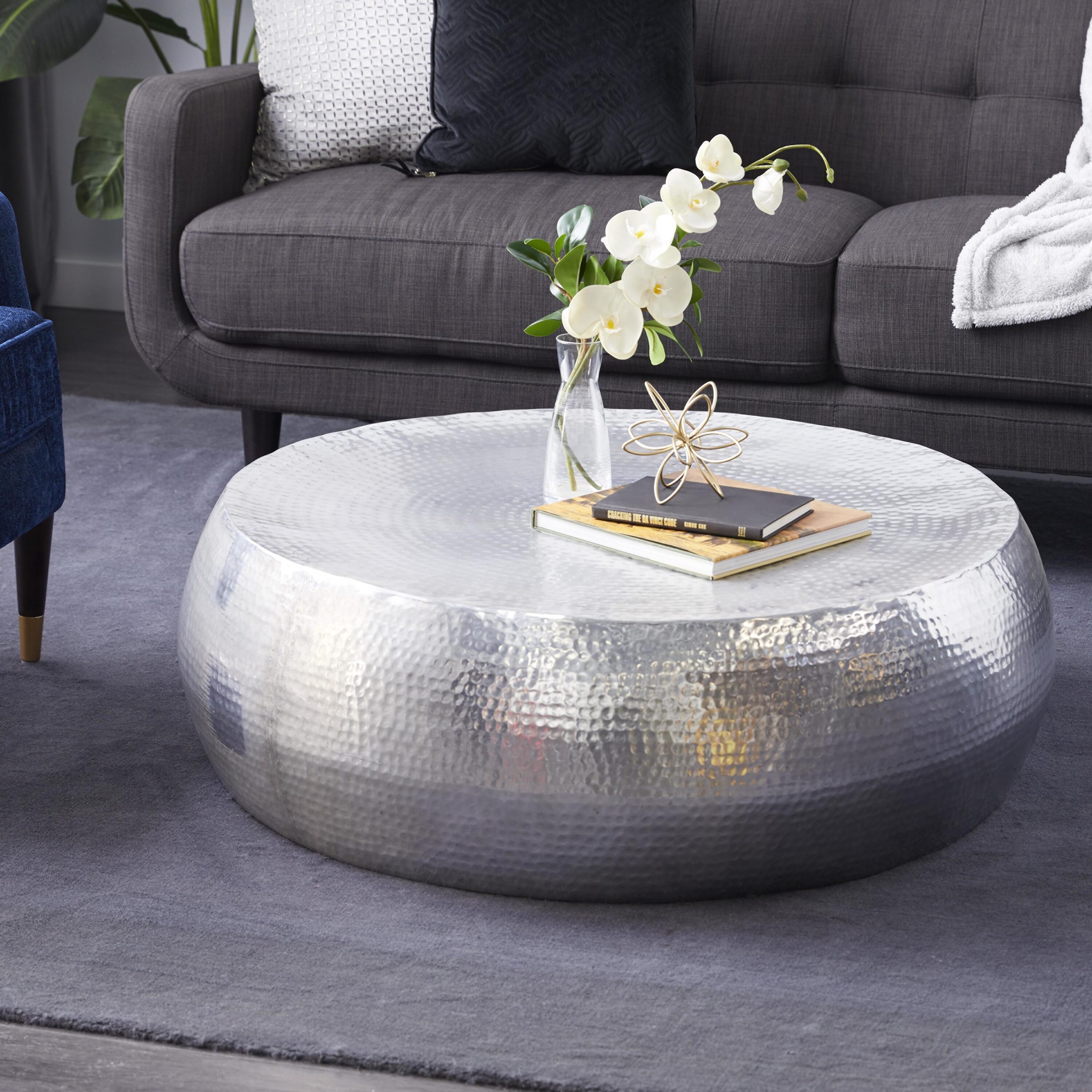 Grayson Lane 23913 14" Drum Shaped with Hammered Design Metal Modern Coffee Table