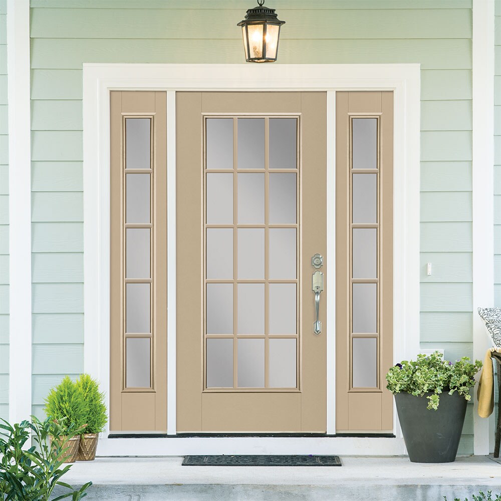 Masonite 1218847 60-in x 80-in x 4-9/16-in Fiberglass Full lite Left-hand inswing Sandy Shore Painted Prehung Front Door with Sidelights with Brickmould Insulating core with Grilles