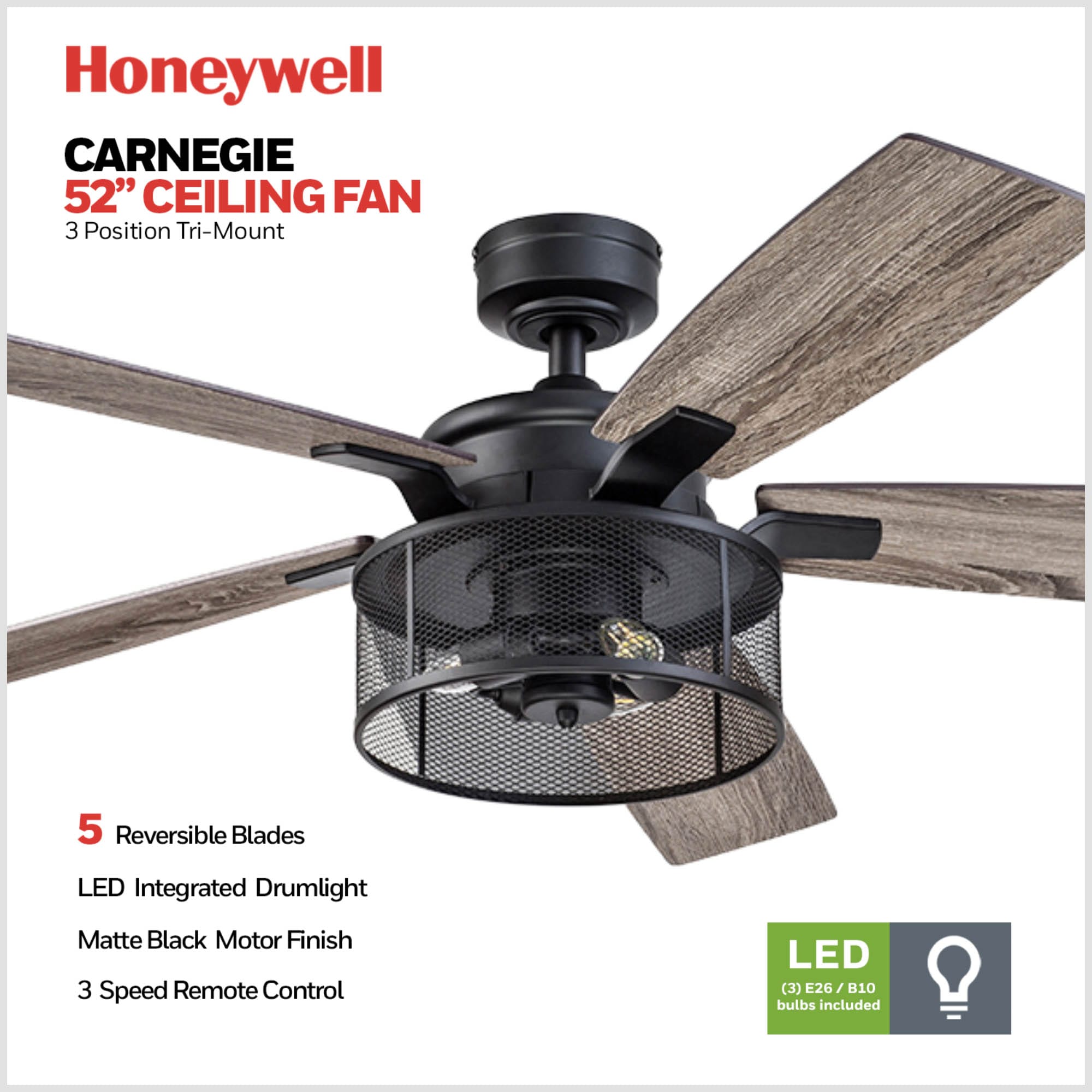 Carnegie 52" Matte Black Ceiling Fan with LED Lights and Remote