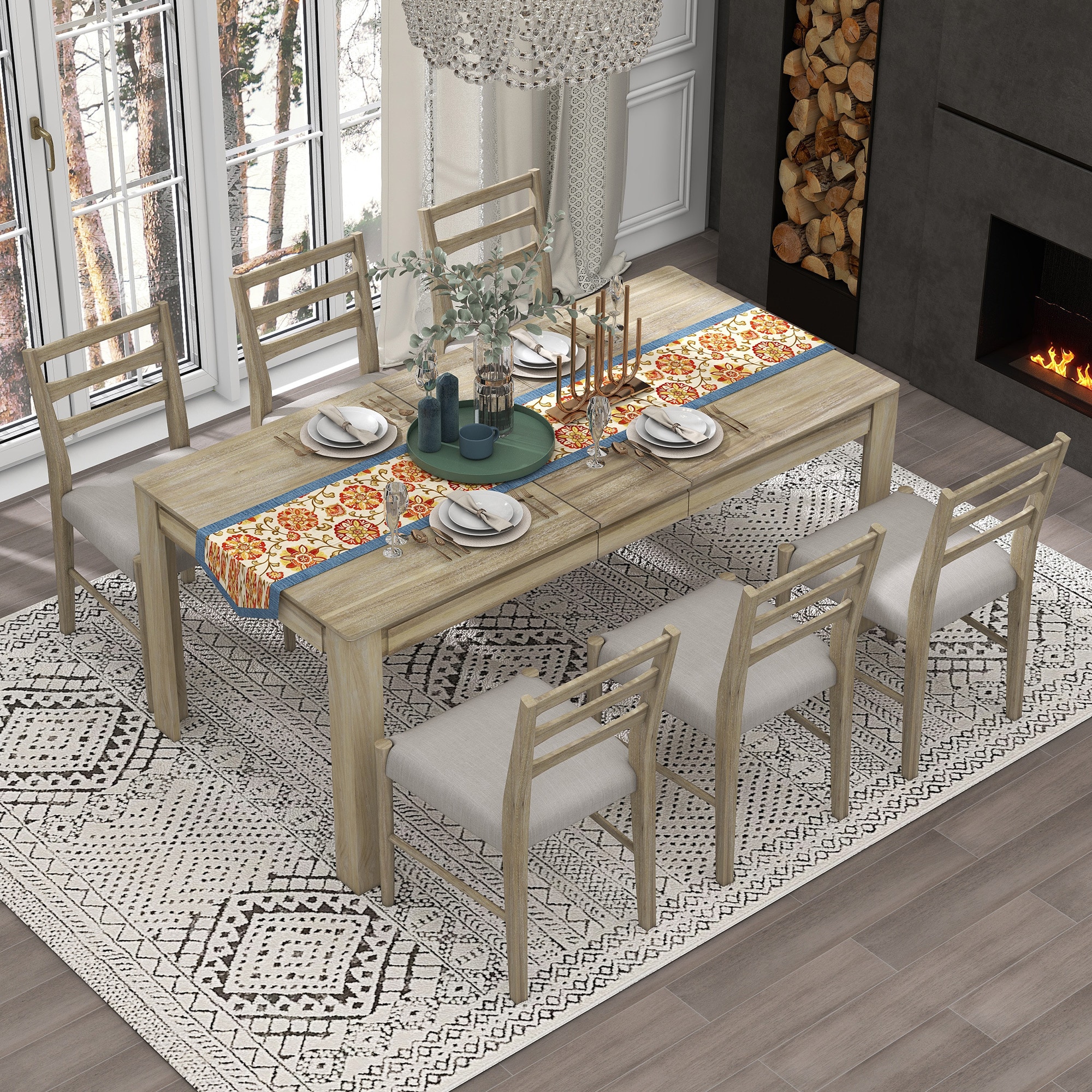 ModernLuxe ST000082AAN 7Piece Wooden Dining Table Set Mutifunctional Extendable Table with 12inch Leaf and 2 Drawers 6 Dining Chairs with Soft Cushion Natural Wood Wash
