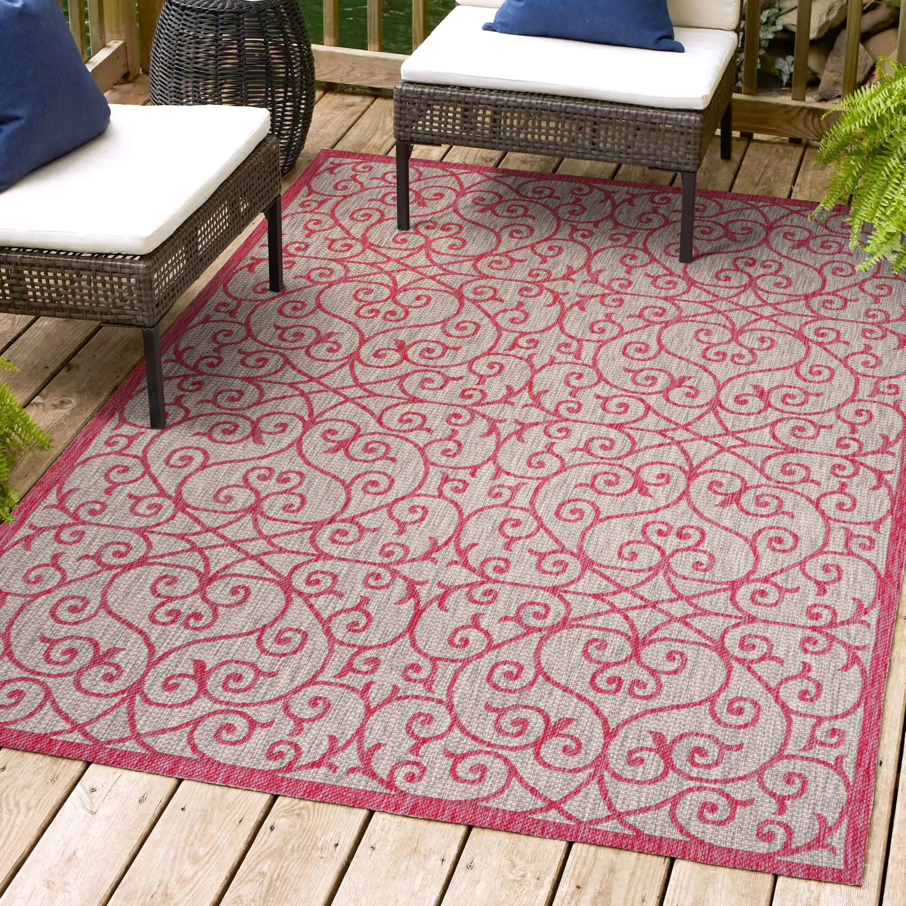 JONATHAN  Y SMB107I-9 Santa Monica Madrid Filigree Textured Weave 9 x 12 (ft) Loomed Polypropylene Light Gray/Fuchsia Rectangular Indoor/Outdoor Border French Country Area rug