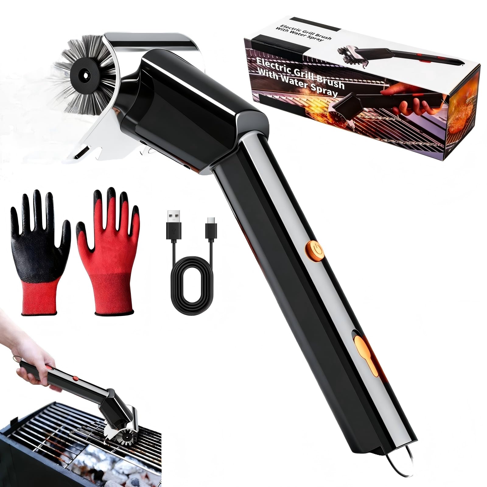 Angel Sar 12.2in L 5.1in W 5.4in H 2-Speed Black Orange Rechargeable Electric Grill Brush