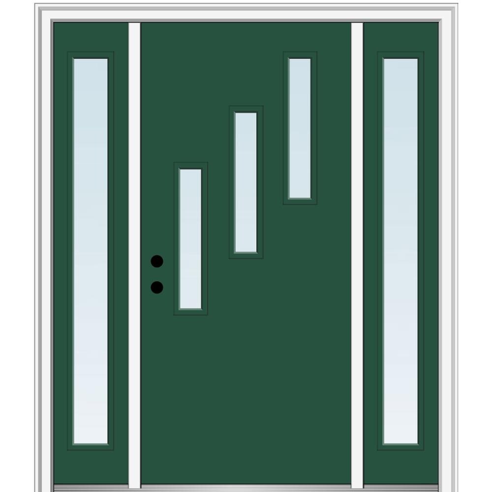 MMI DOOR ZZ349350R Spotlights 60-in x 80-in x 6-9/16-in Fiberglass Pulse lite Right-hand inswing Hunter Green Painted Prehung Front Door with Sidelights with Brickmould Insulating core