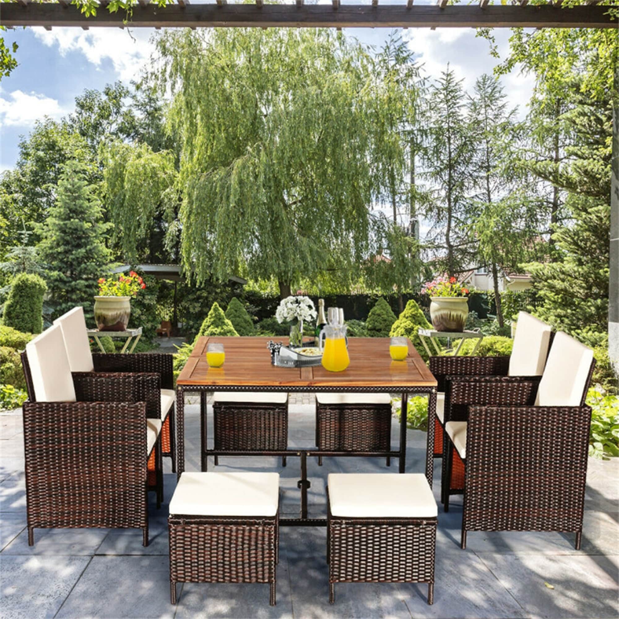 BABOOM BOM-674WH+-CO 9 Pieces Patio Rattan Dining Set 9 -Piece Mix Brown Rattan Patio Dining Set Wood Rectangle Table with 4 White Cushions Stationary Chairs