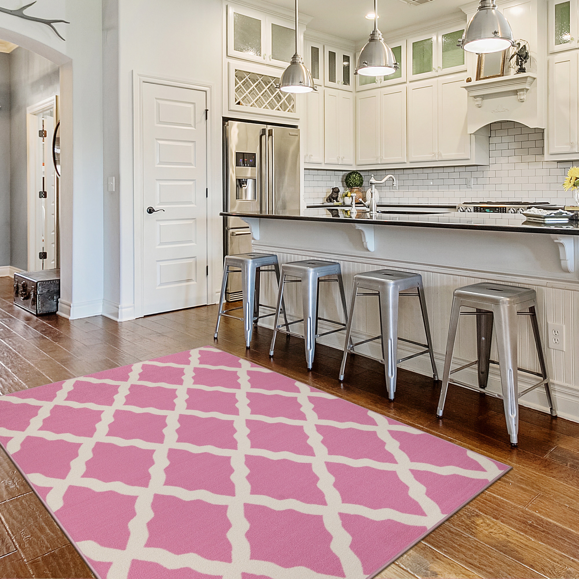 Ottomanson CRM8027-5X7 Non-Slip Rug For Living Room 5 x 7 (ft) Loomed Nylon Pink Rectangular Indoor Trellis Moroccan Area rug