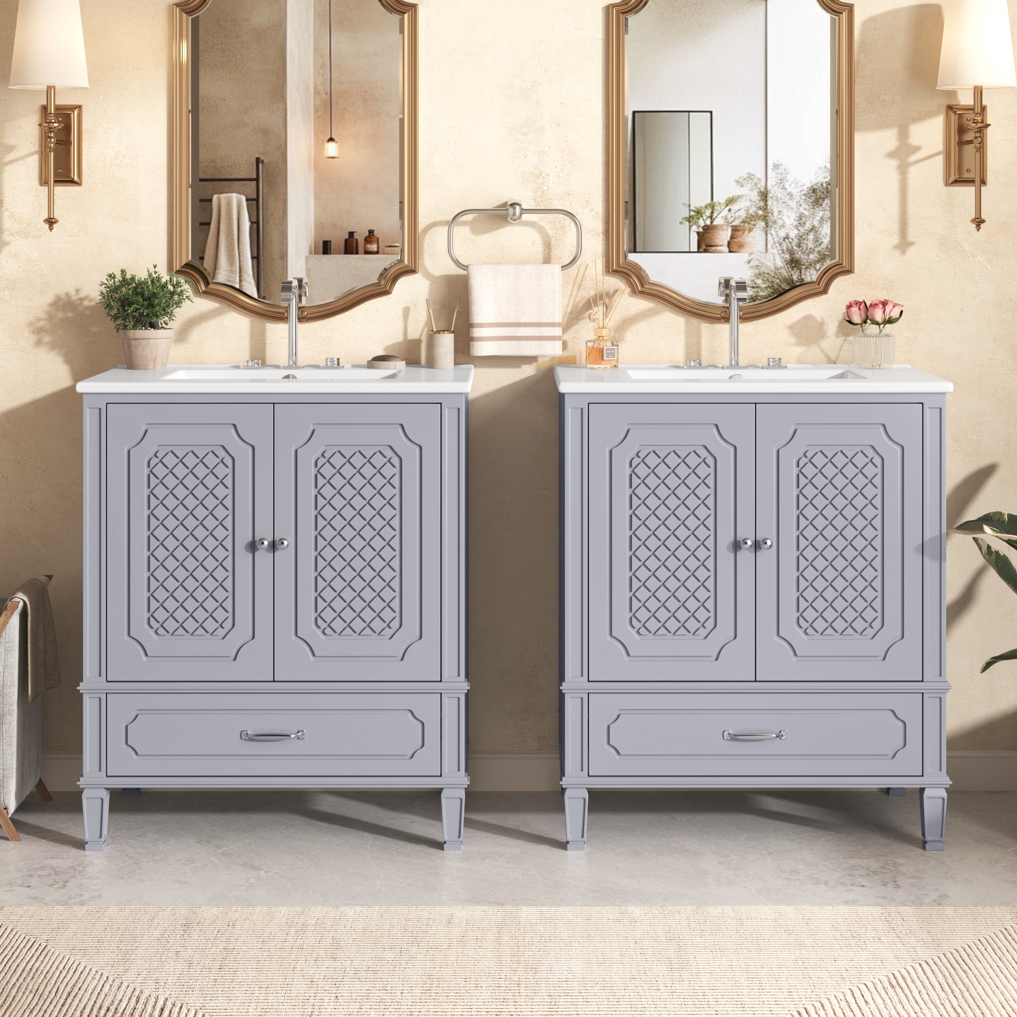 Christopher Knight Home 332886 60 Inches Bathroom Vanity with Double Sink Combo Set  2 Cabinet with Door Organizers  2 Drawers  Grey