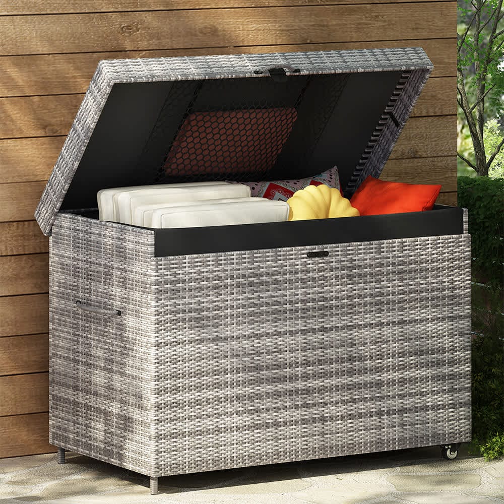 JUJABU DECKBOX-3 Grey Wicker Deck Box with Wheels Outdoor Cushions Pool Storage and Garden Tools