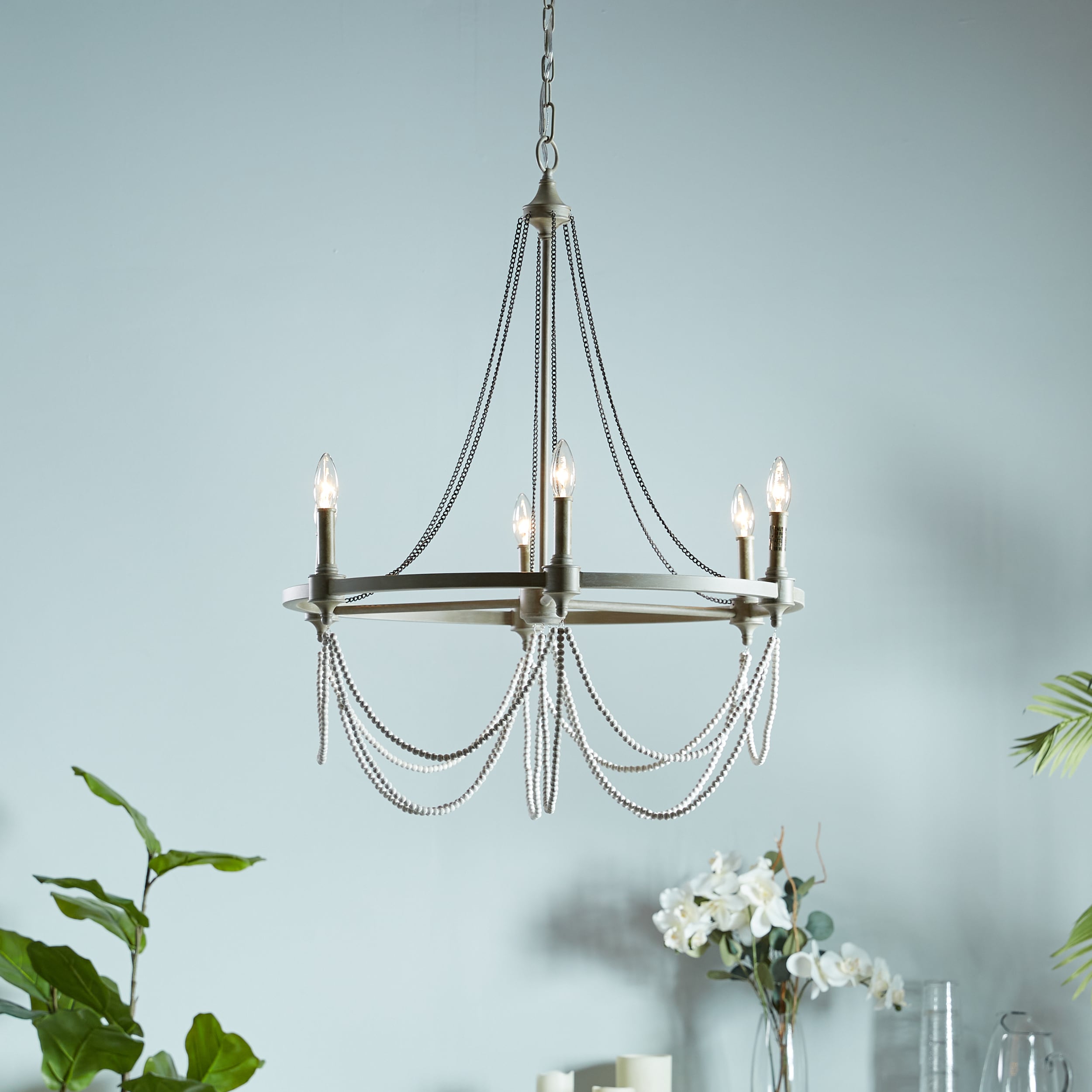Beverly 28" French Washed Oak & Distressed White 6-Light Chandelier
