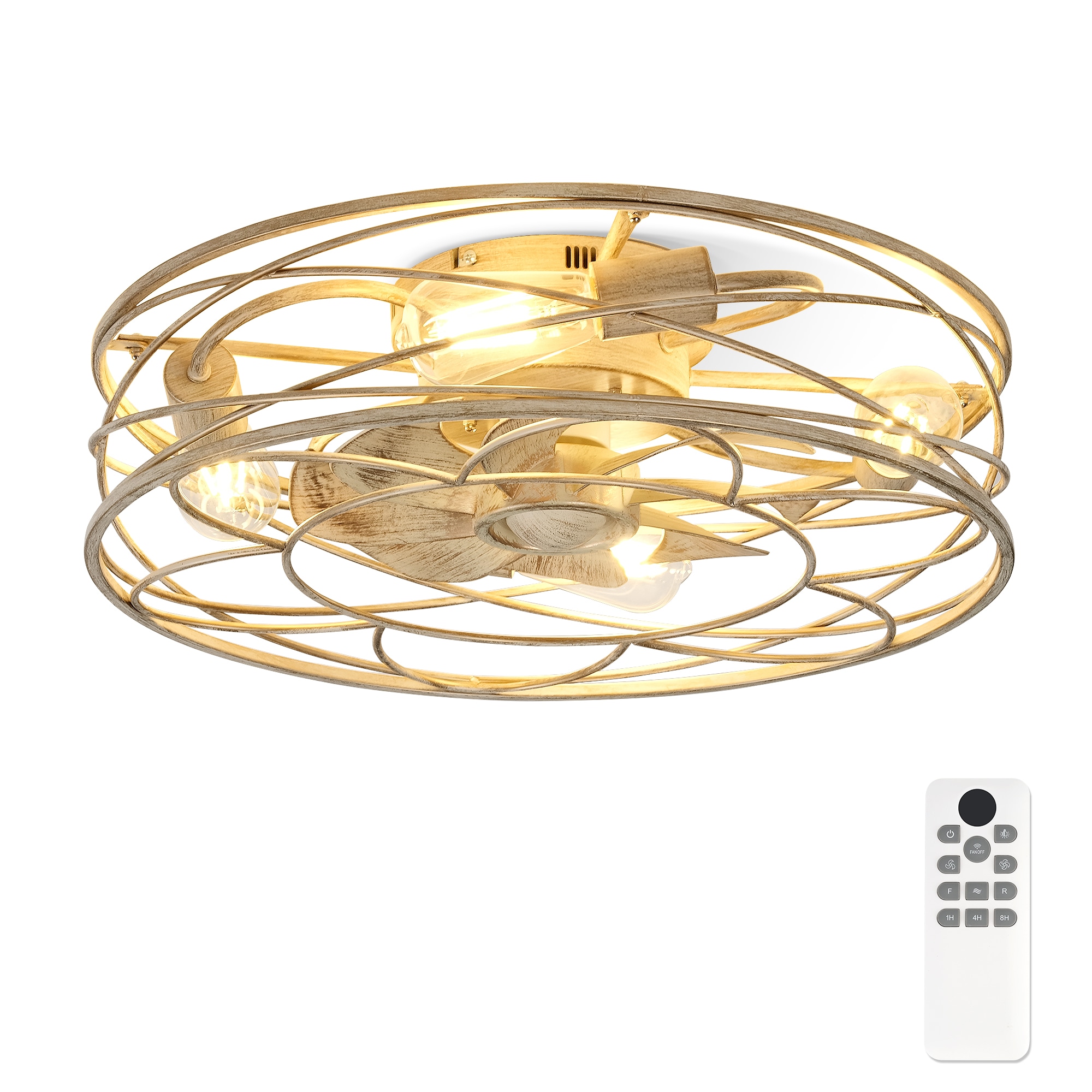 LTMATE LT-DCF203-WHG20 JAZAVA 19.7-in Flush Mount Gold White with hydrographic printing Blades Cage Ceiling Fan With Light - Remote Included ( 8 -Blade )