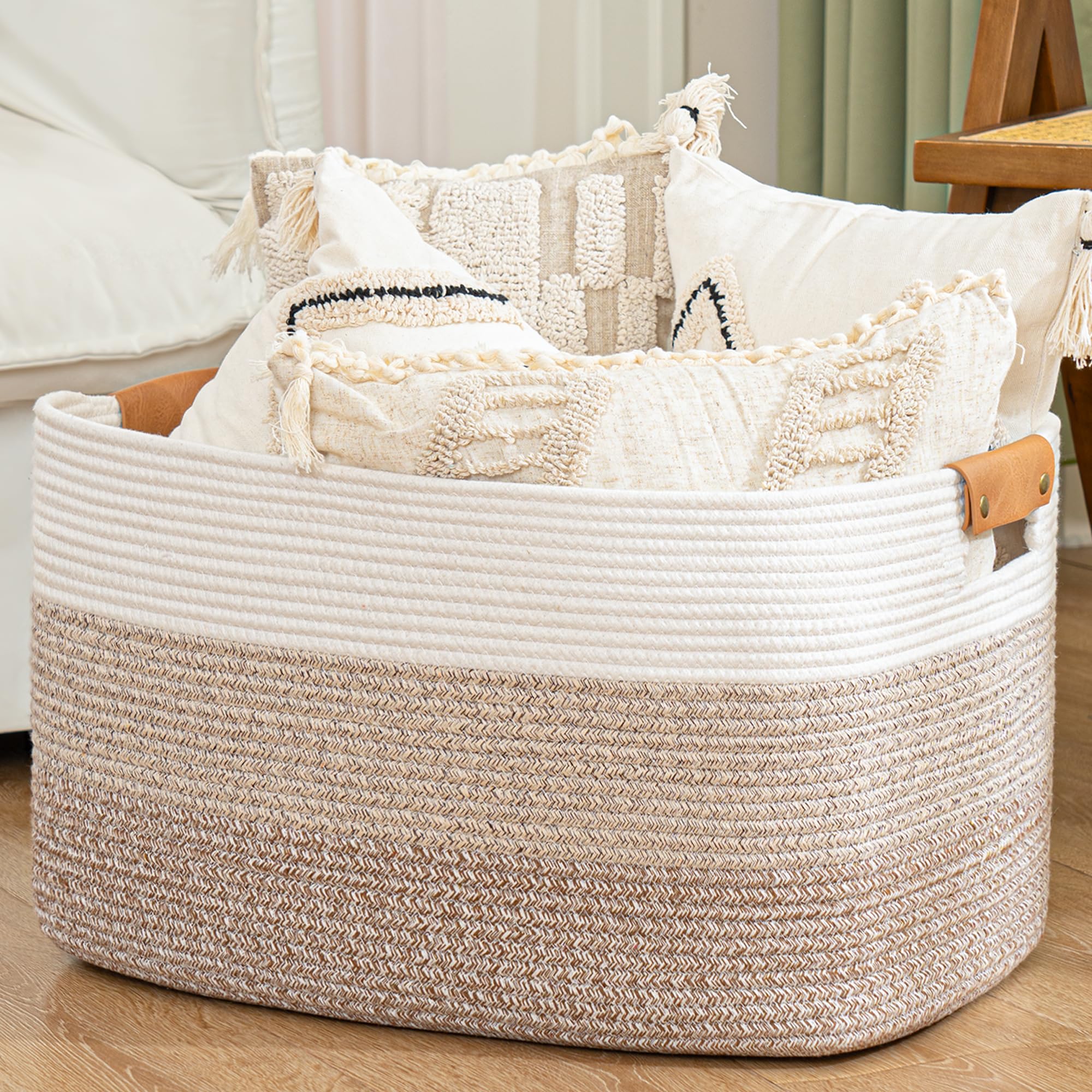 PIGFDK Gradient Brown 72L  Woven Cotton Storage Basket With Leather Handles Decorative Organization For Blankets Towels Toys Portable Foldable Machine Washable
